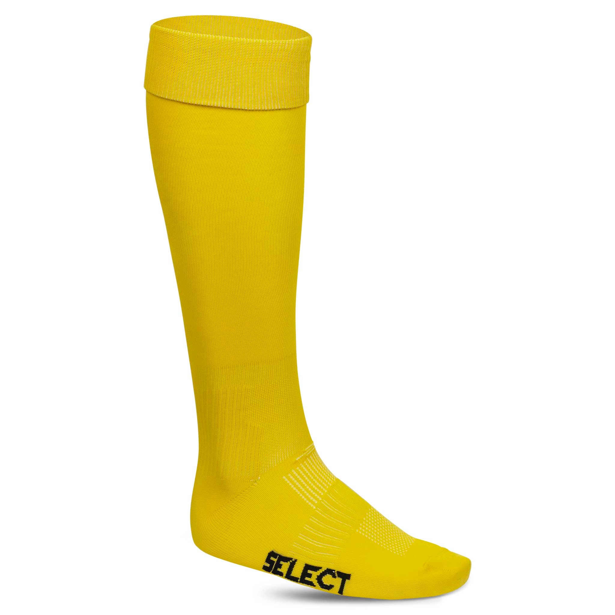 Forfra-bilde av gule Football socks Club v22, Accessories, med svart Select-logo på foten.