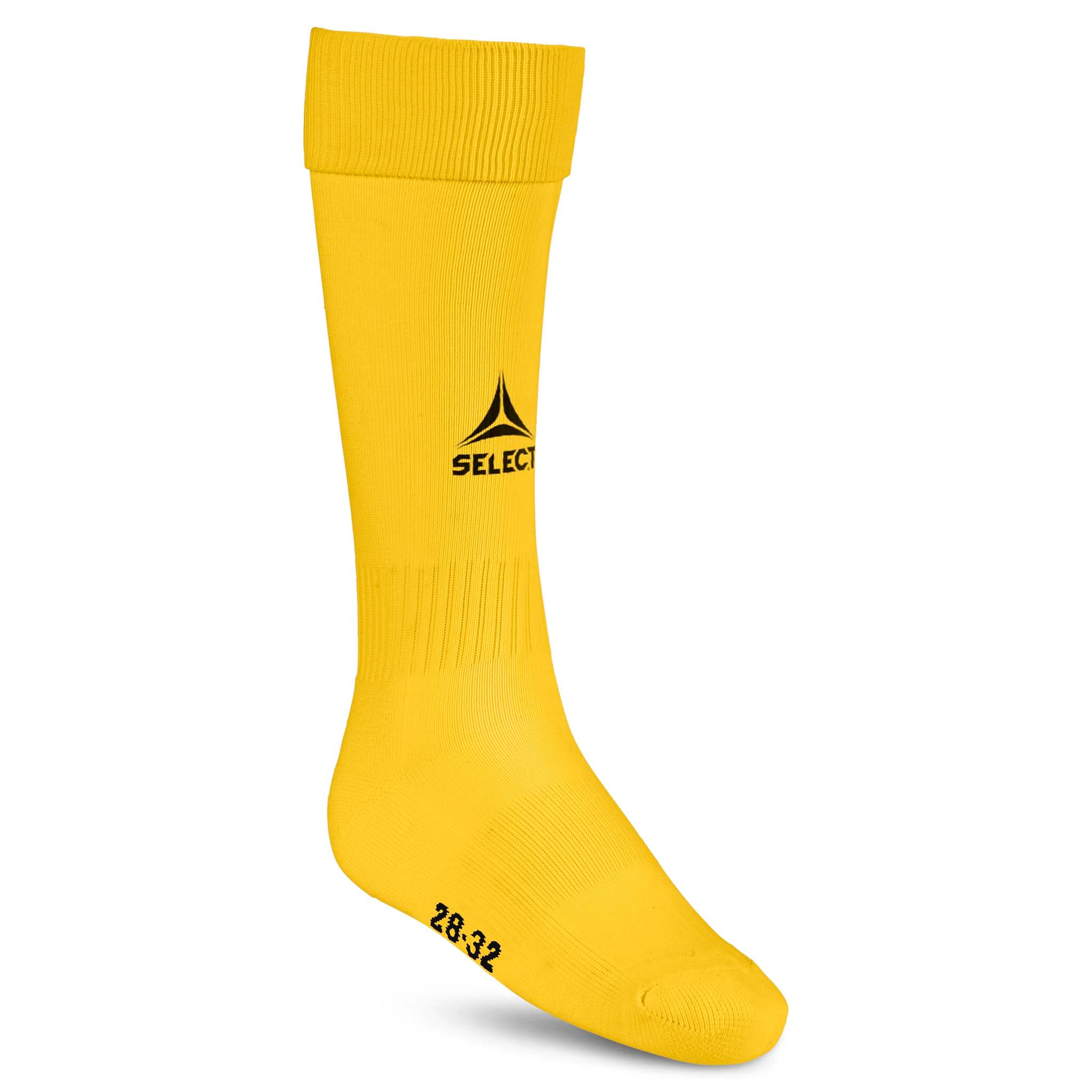 Gule Football socks Elite med sort logo, tilbehør, sett forfra.