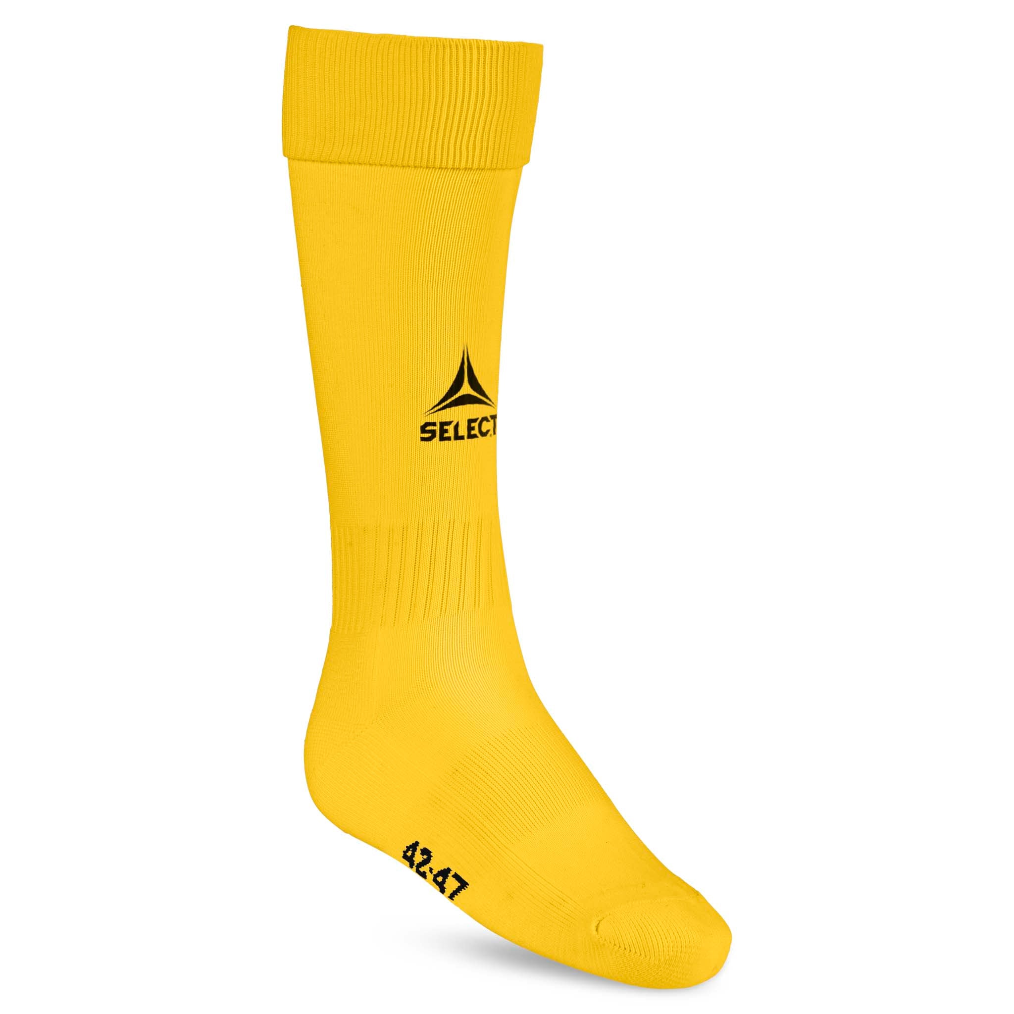 Gule Football socks Elite, tilbehør, sett forfra med svart logo og størrelse 42-47.