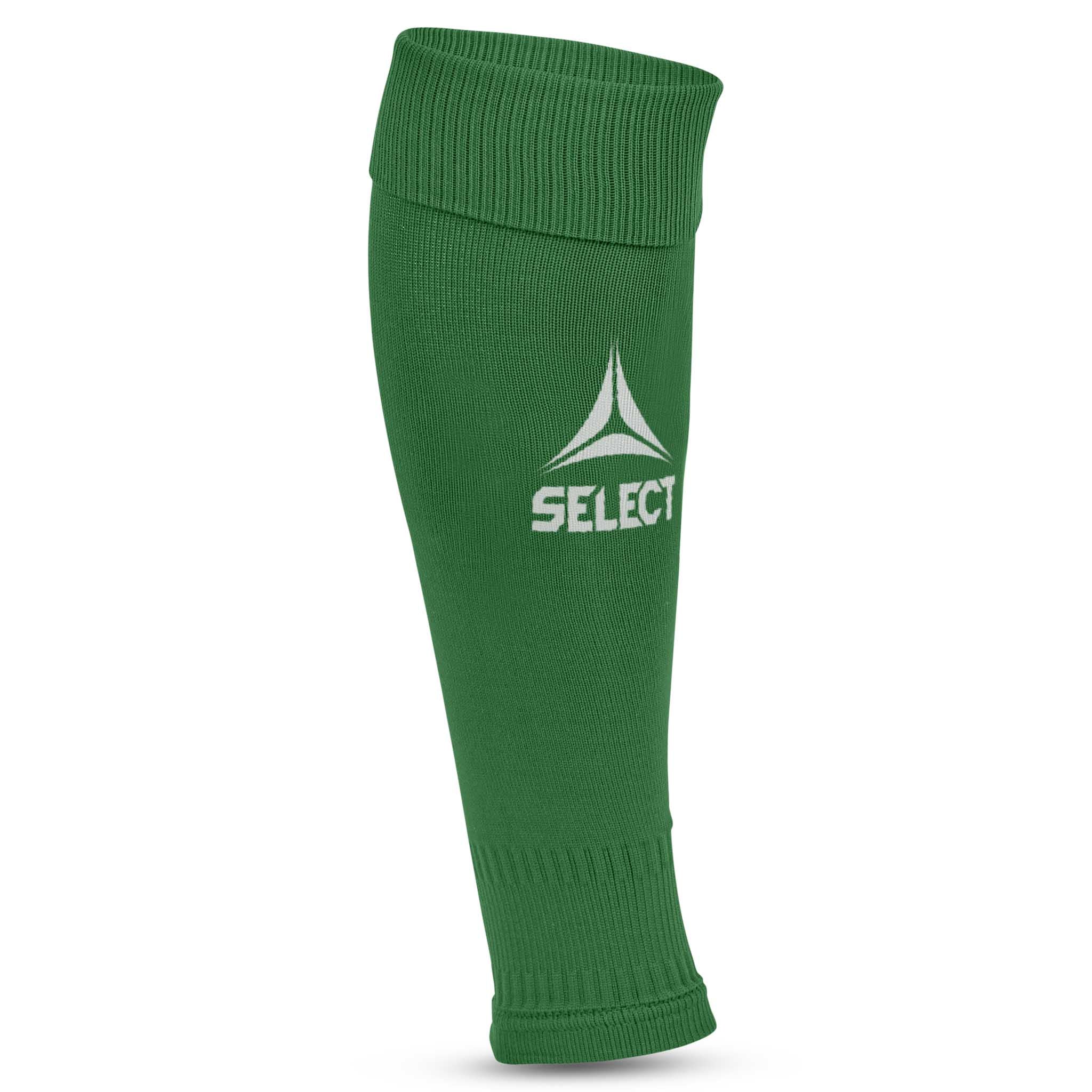 Grønn Football tube Elite v23 med hvit Select-logo, sett forfra. Fotløst fotballstrømpe-tilbehør.