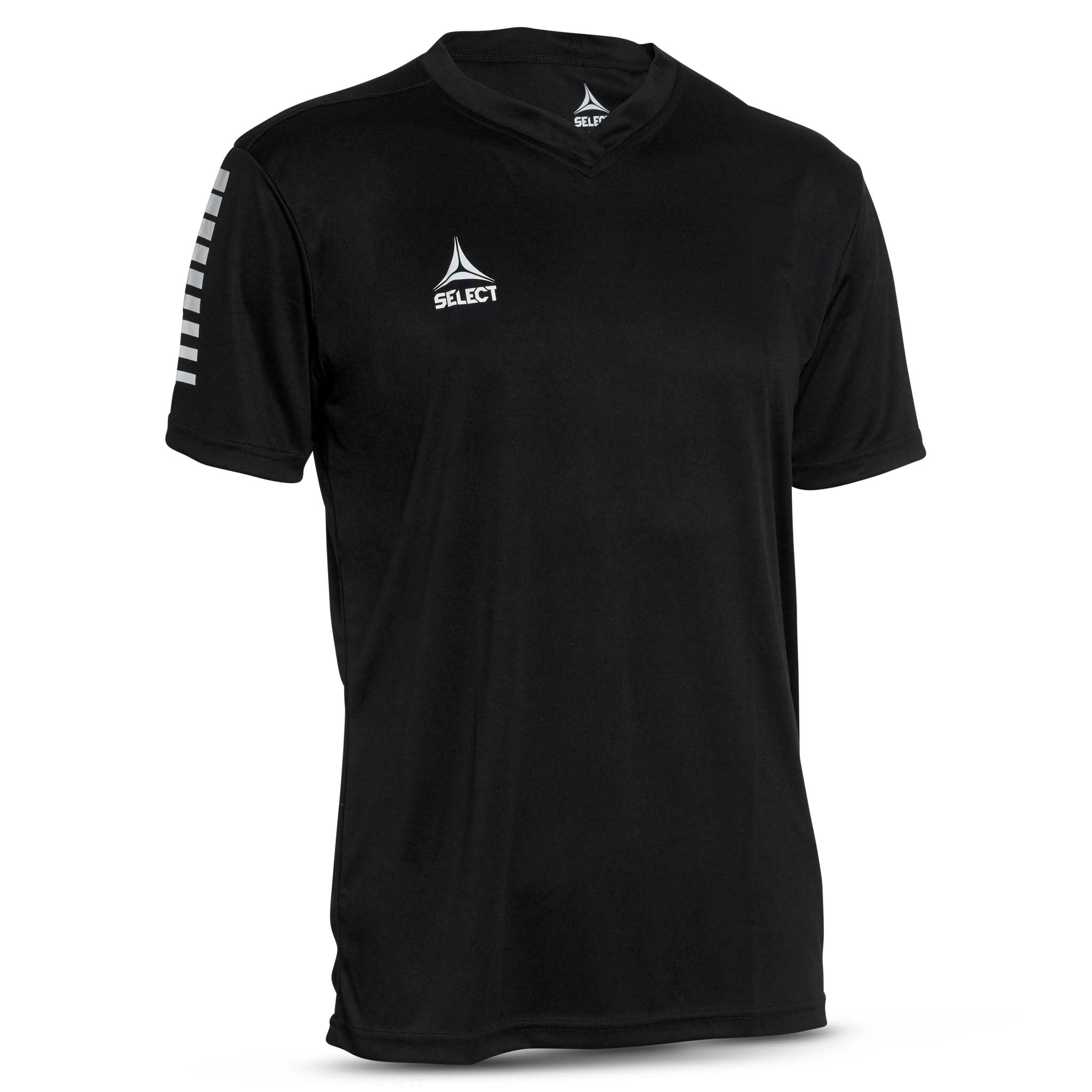 Forfra-bilde av sort Player shirt S/S Pisa med hvite ermedetaljer, Match & Training wear til fotball.