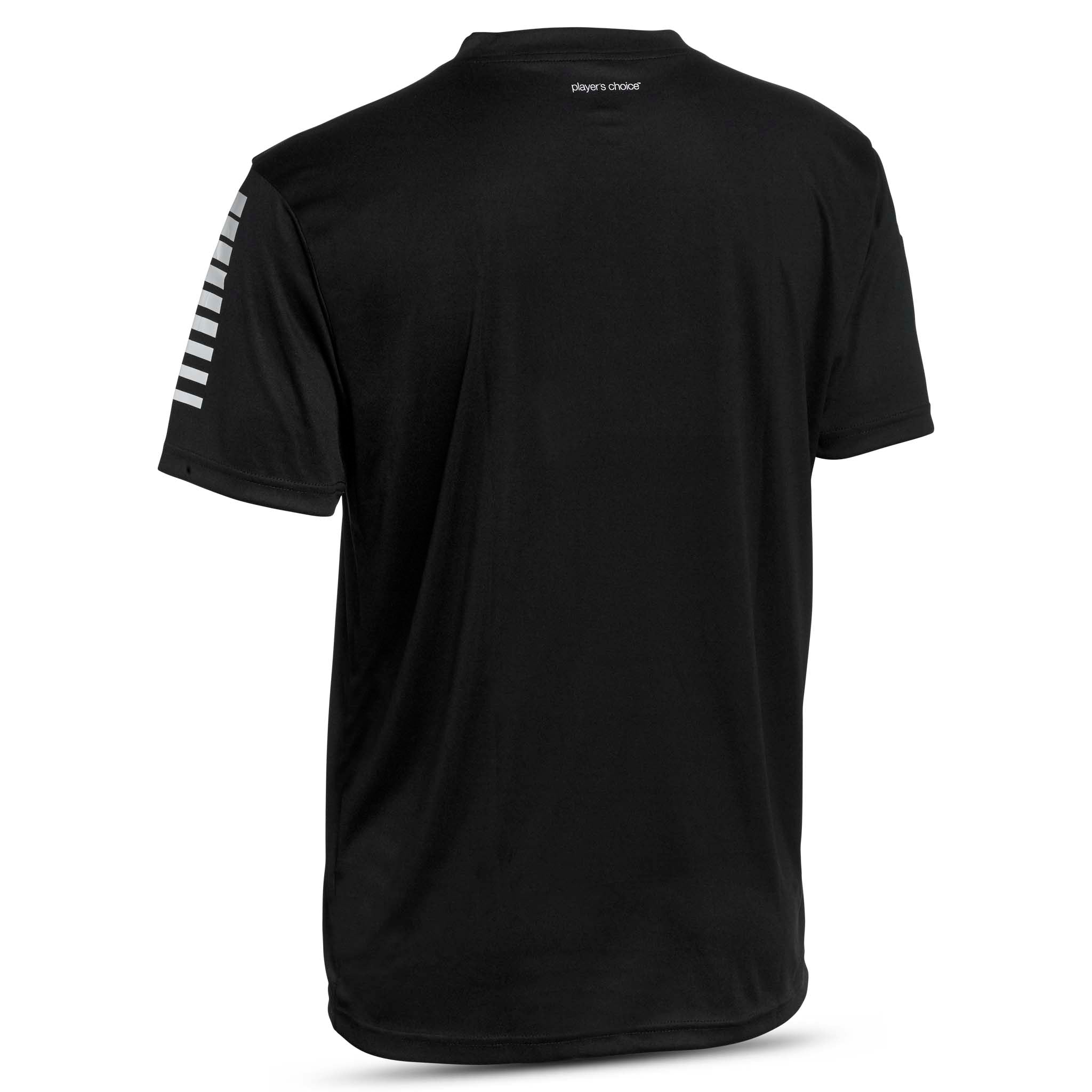 Bakside av sort Player shirt S/S Pisa med hvite ermestriper, Match & Training wear til fotball.