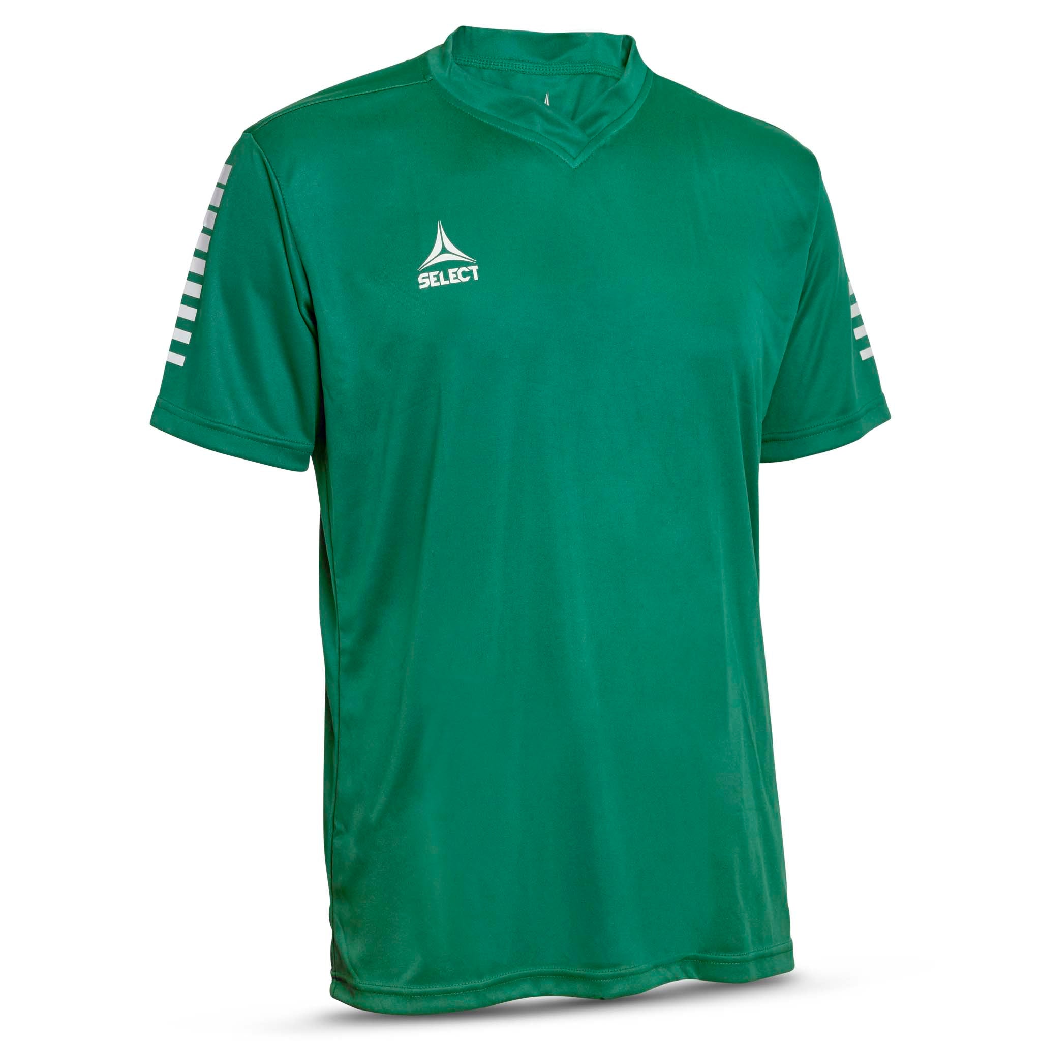 Forside av grønn Player shirt S/S Pisa med hvit logo og ermestriper, Match & Training wear til fotball.