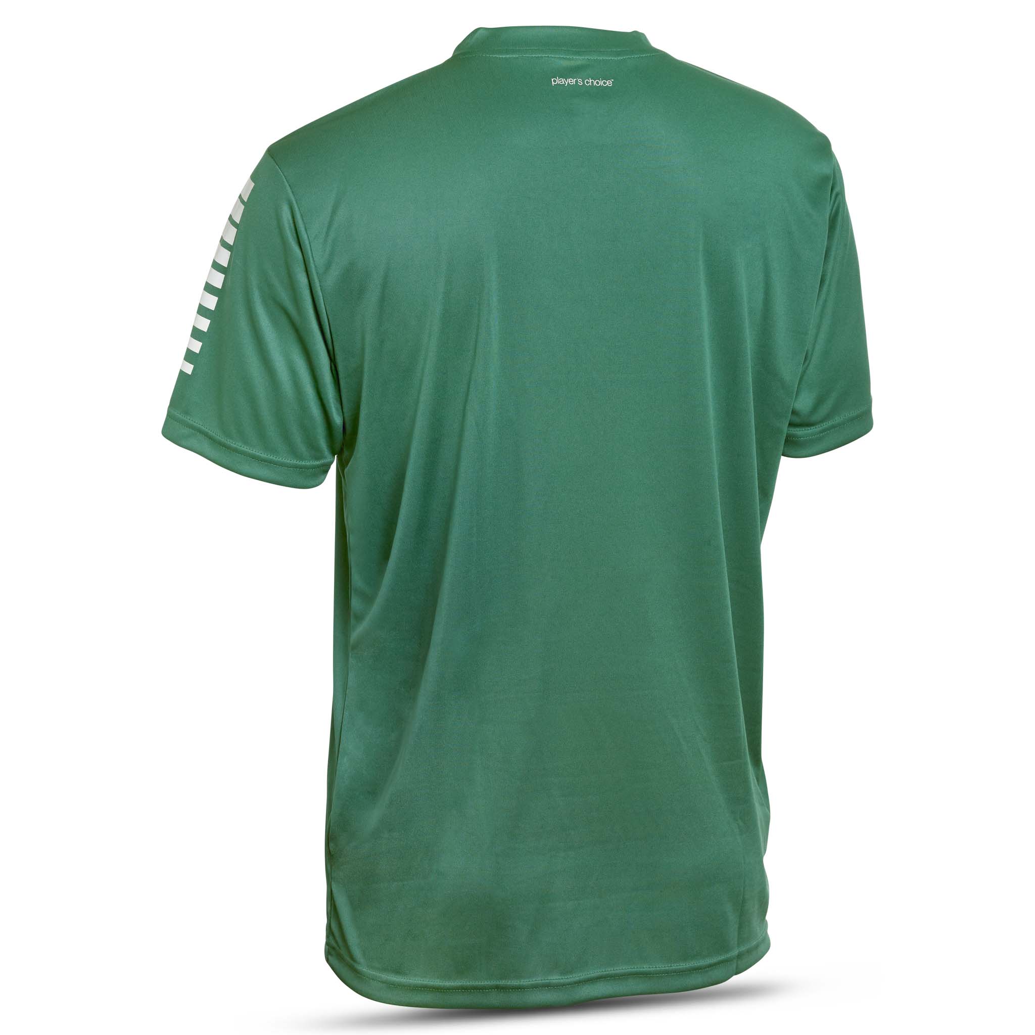 Bakside av grønn Player shirt S/S Pisa, Match & Training wear, med hvite striper på ermet.