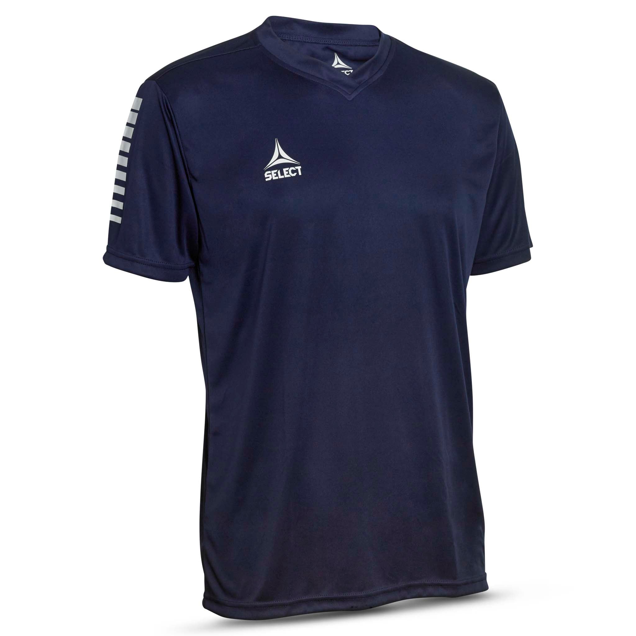 Forfra av marineblå Player shirt S/S Pisa med hvit logo og skulderstriper, fotball Match & Training wear.