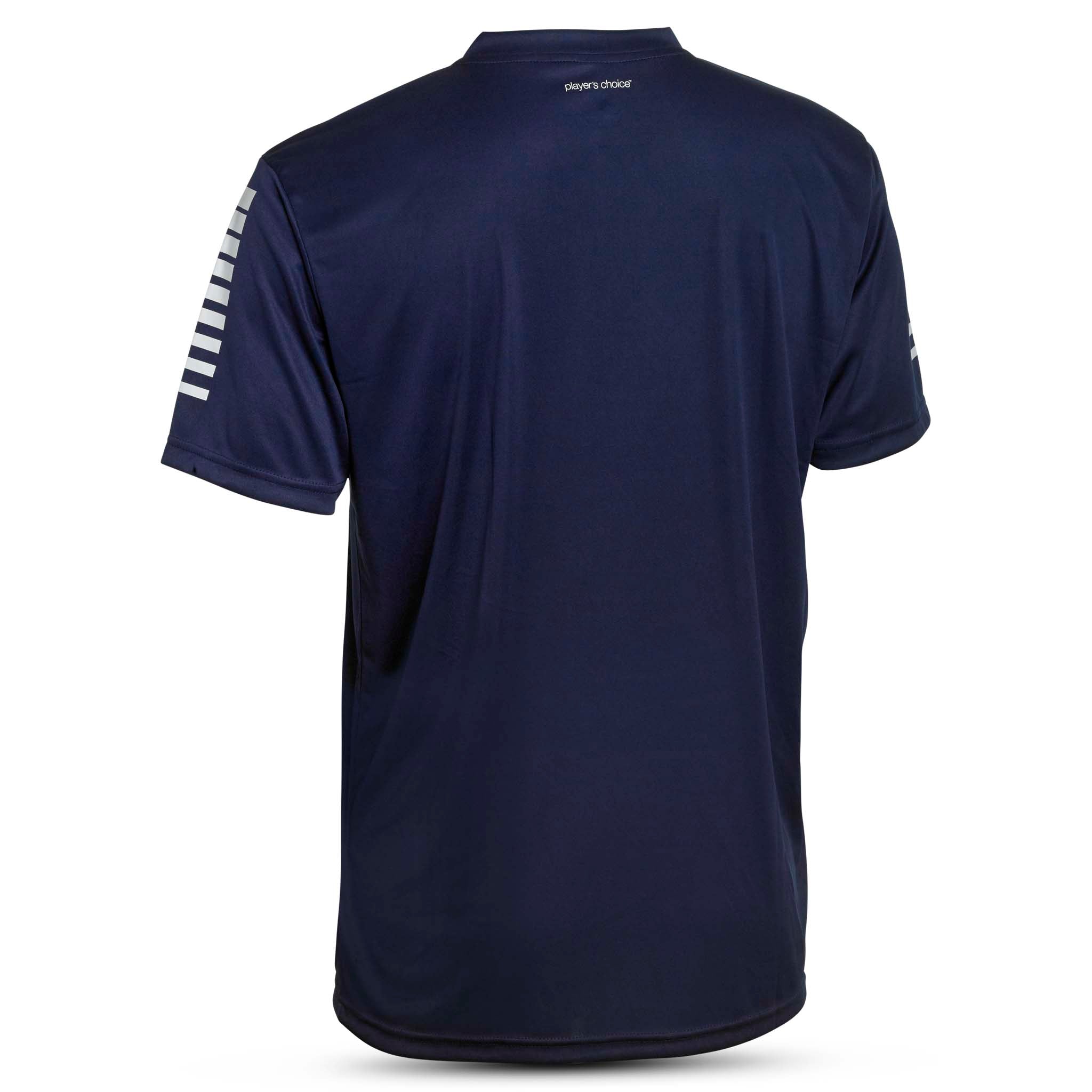 Bakside av marineblå Pisa Player Shirt S/S, Match & Training wear, med hvite striper på ermet.