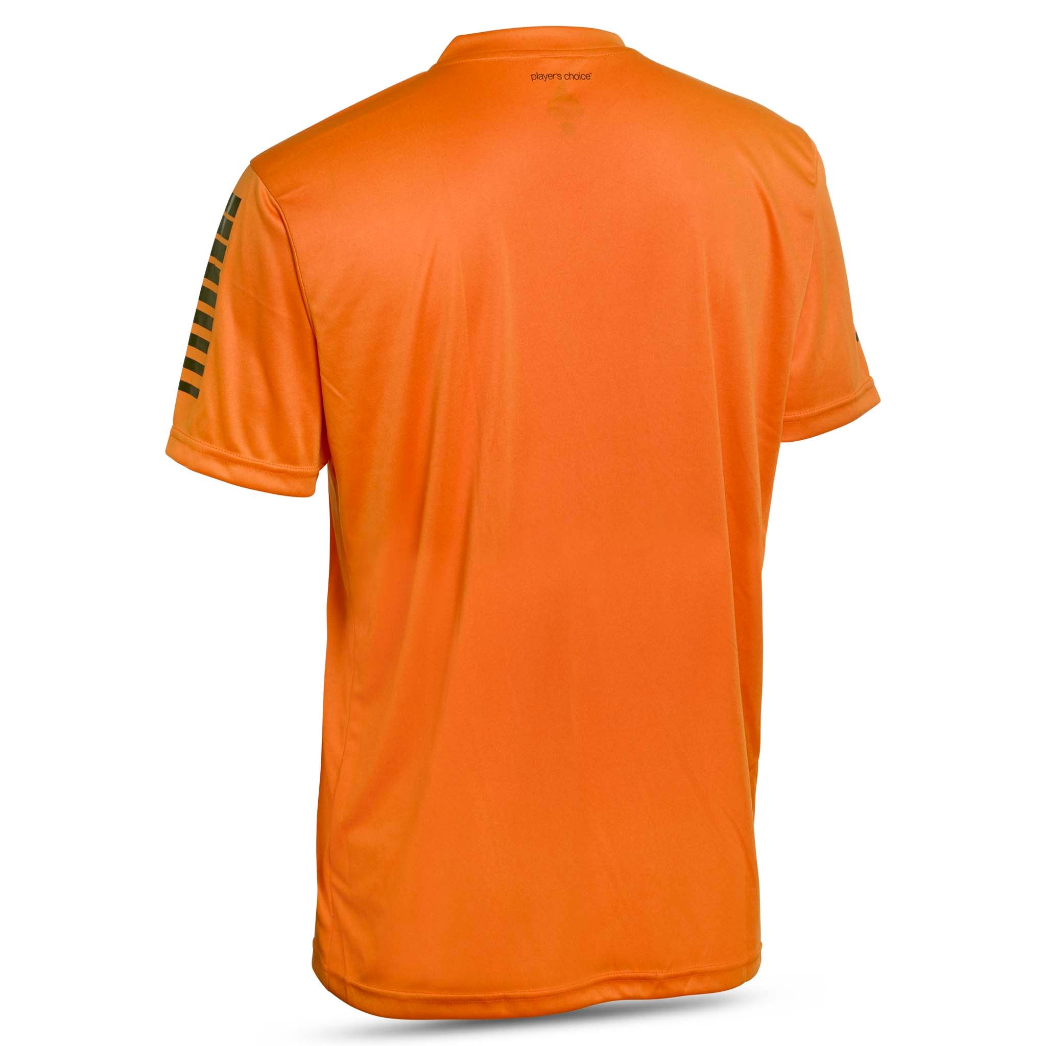 Bakside av oransje Player shirt S/S Pisa, Match & Training wear til fotball, med sorte striper på venstre erme.