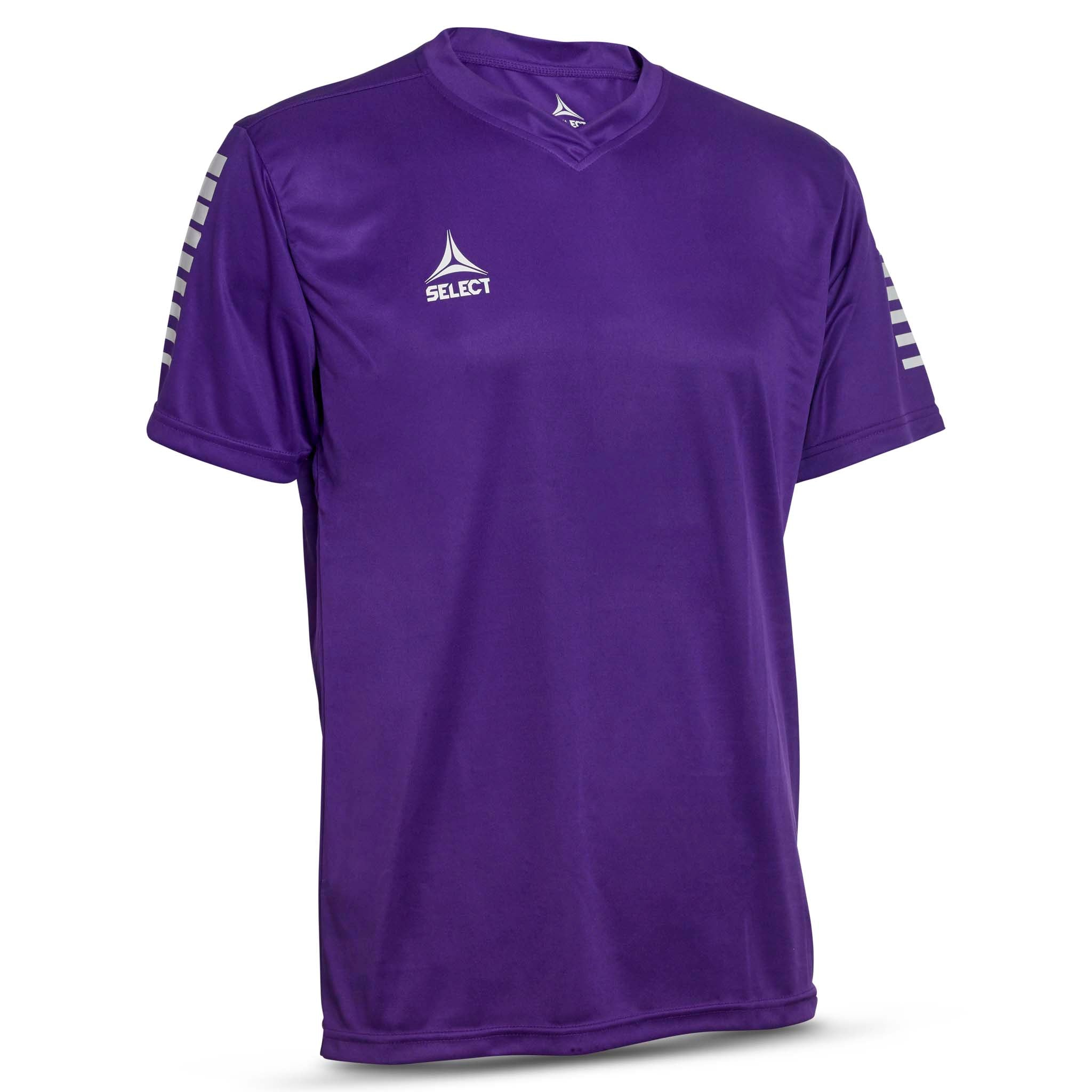 Forside av lilla Player shirt S/S Pisa med hvit logo og ermedetaljer, Match & Training wear til fotball.