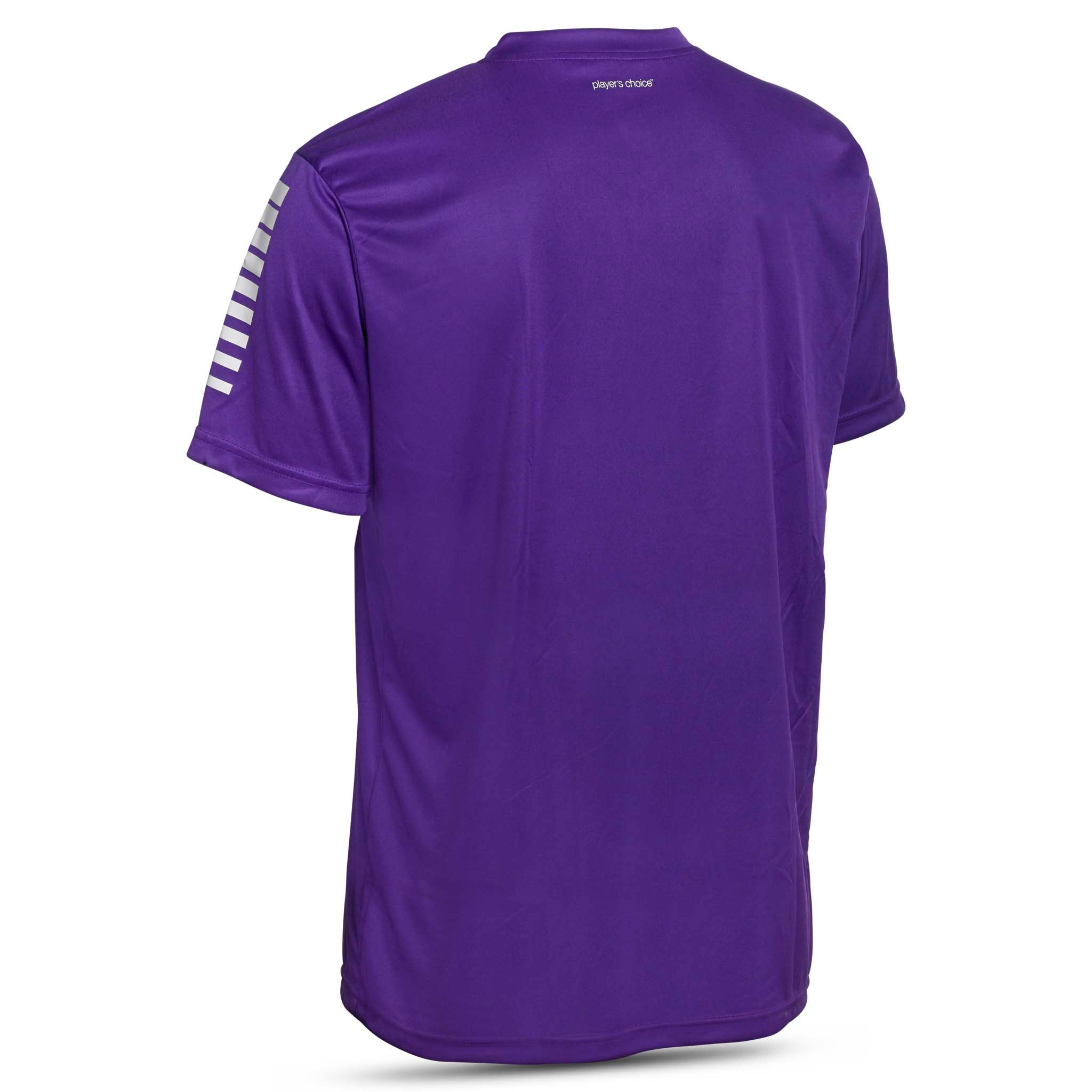 Bakside av lilla Player shirt S/S Pisa, Match & Training wear, med hvite striper på ermet.