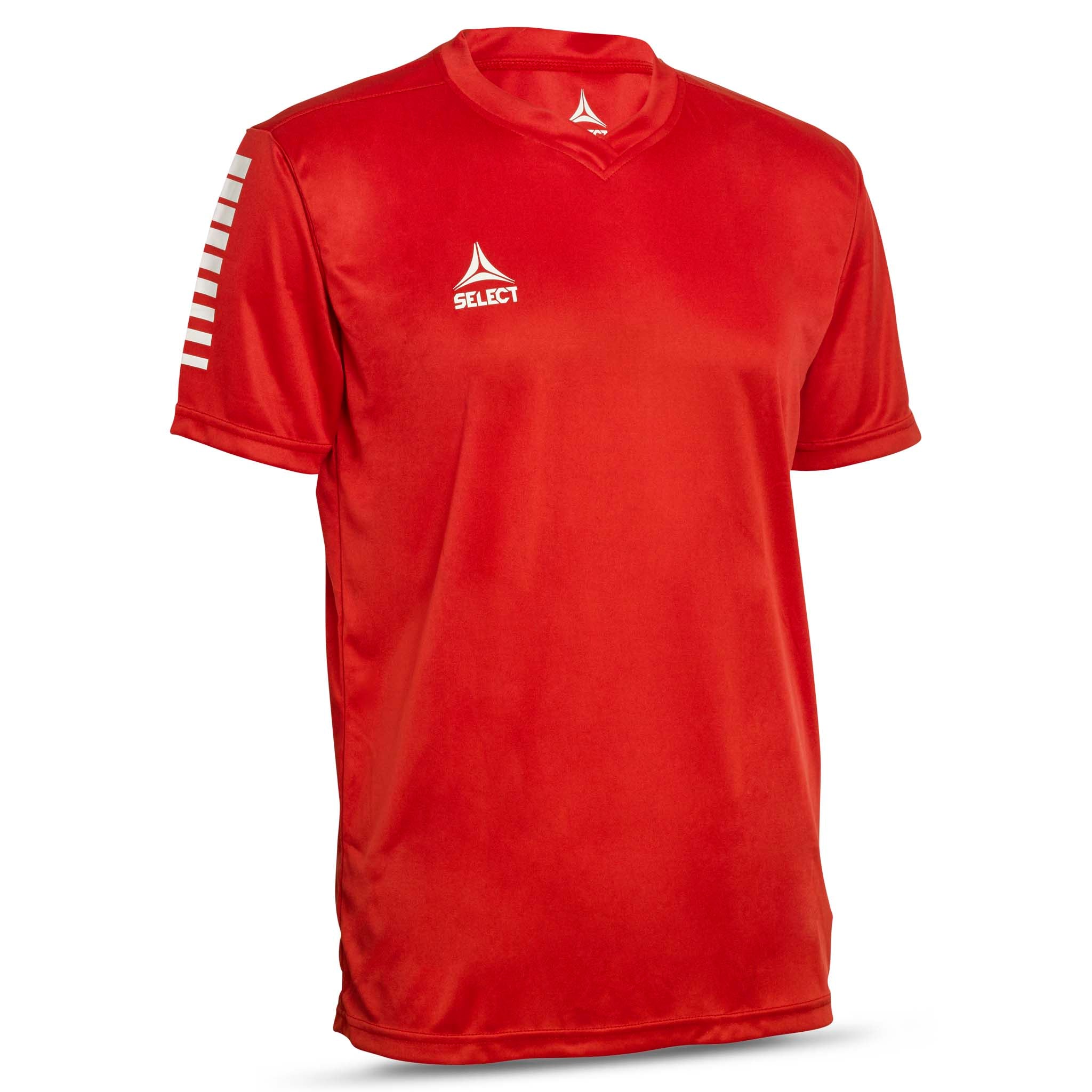Forside av rød Player shirt S/S Pisa med hvit logo, Match & Training wear til fotball.