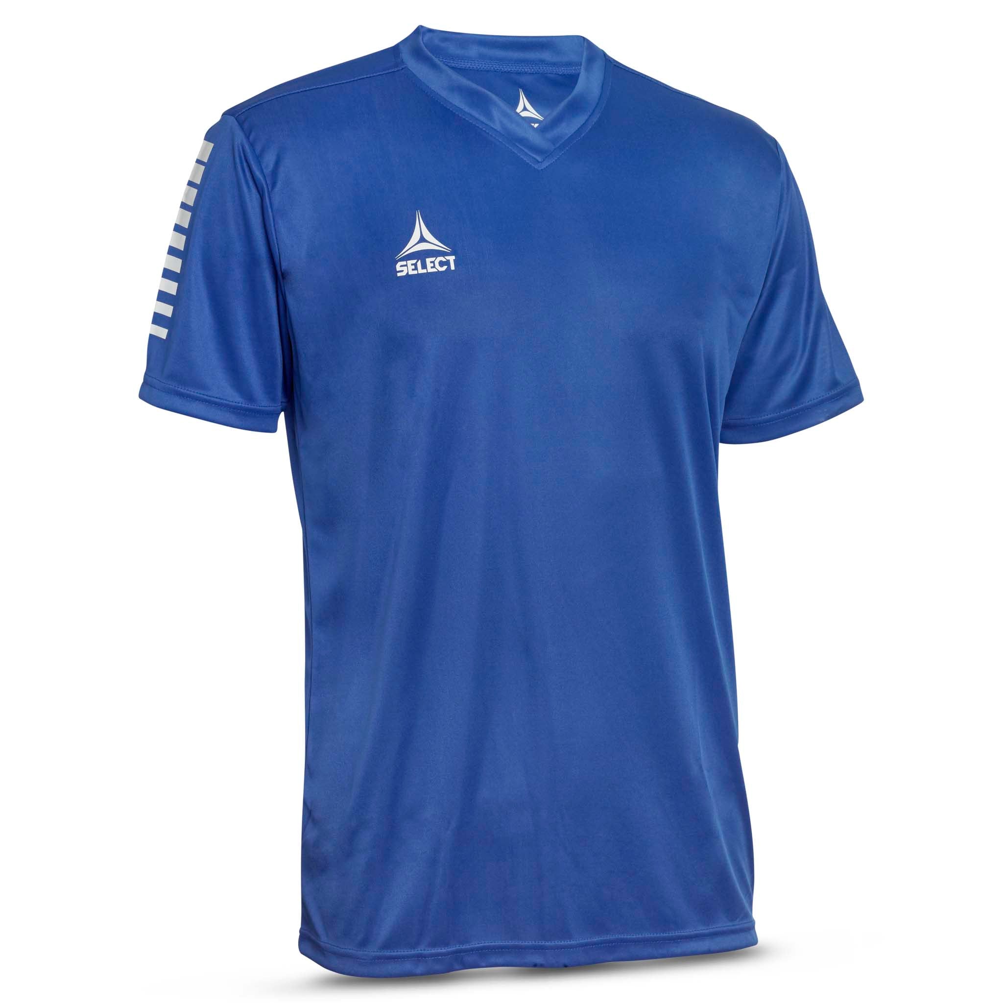 Forside av blå Player shirt S/S Pisa med hvit logo og skulderstriper, Match & Training fotballtøy.