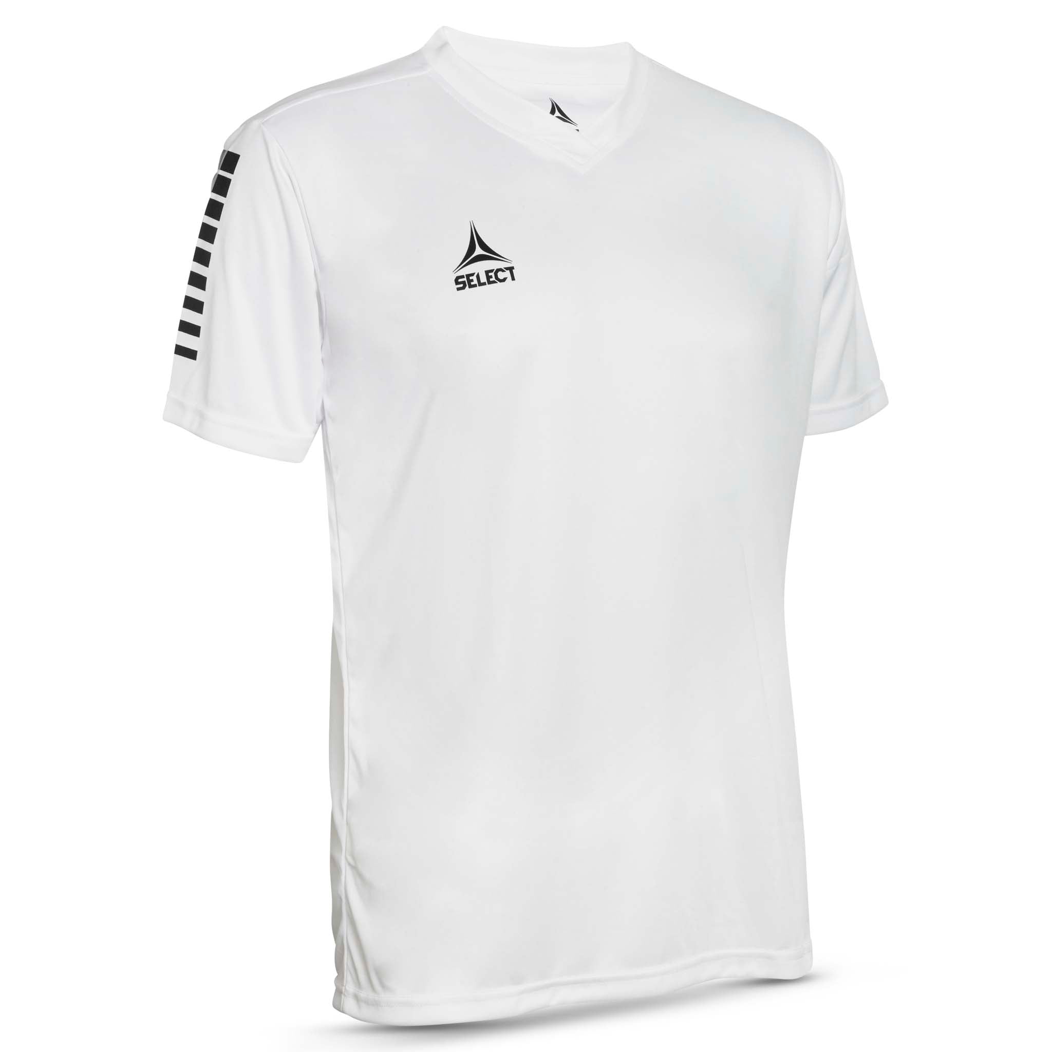 Forside av hvit Player shirt S/S Pisa med sorte detaljer, Match & Training wear til fotball.