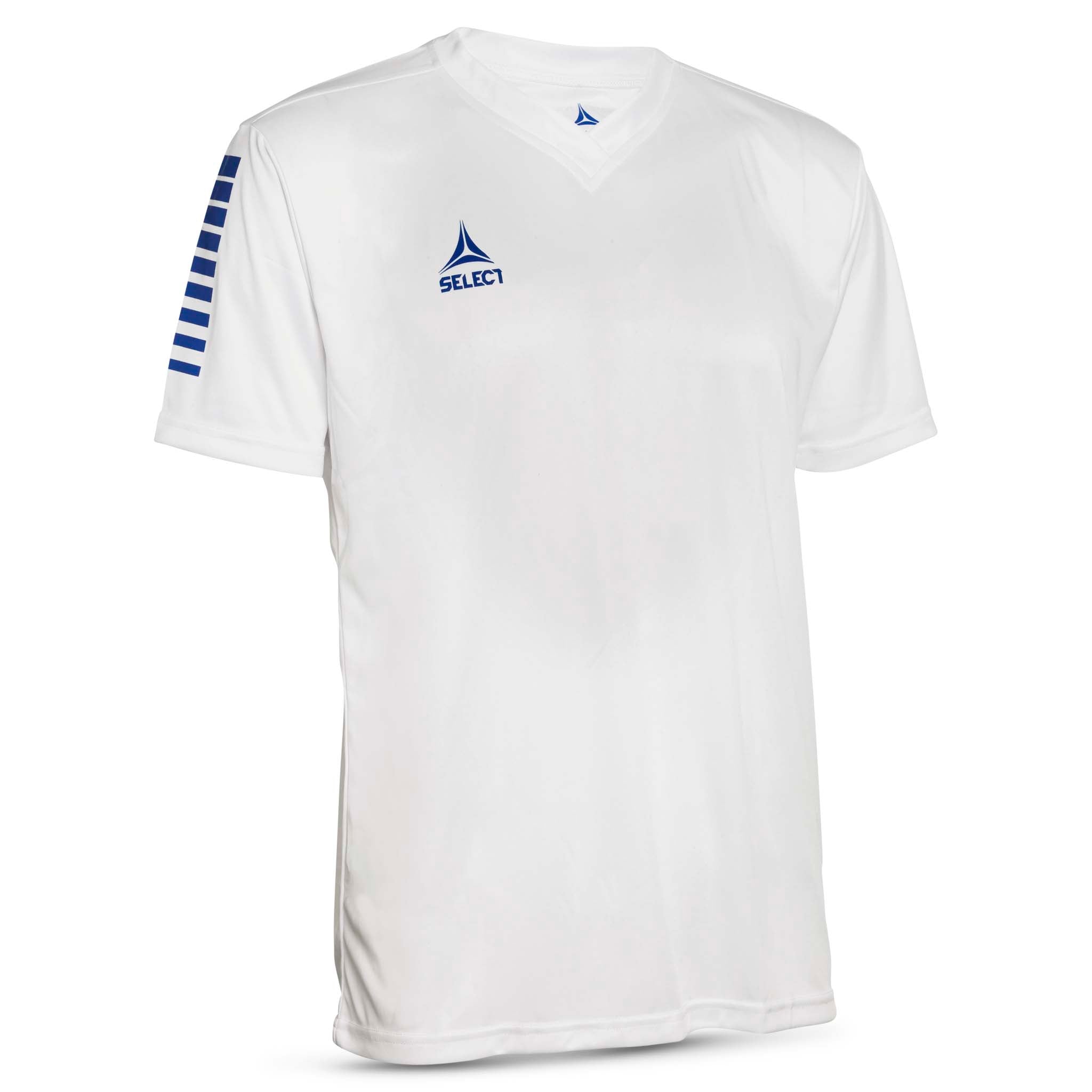Forfra-bilde av hvit Player shirt S/S Pisa med blå striper og logo, Match & Training wear til fotball.