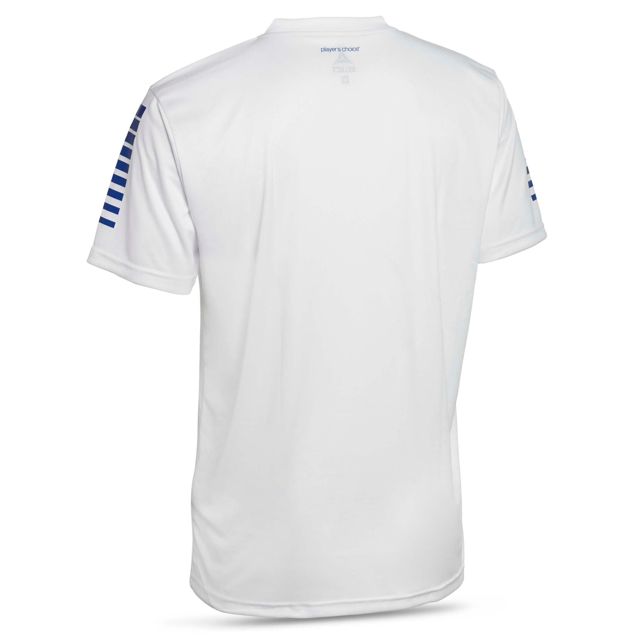 Bakside av hvit Pisa Player Shirt S/S med blå skulderstriper. Match & Training wear til fotball.