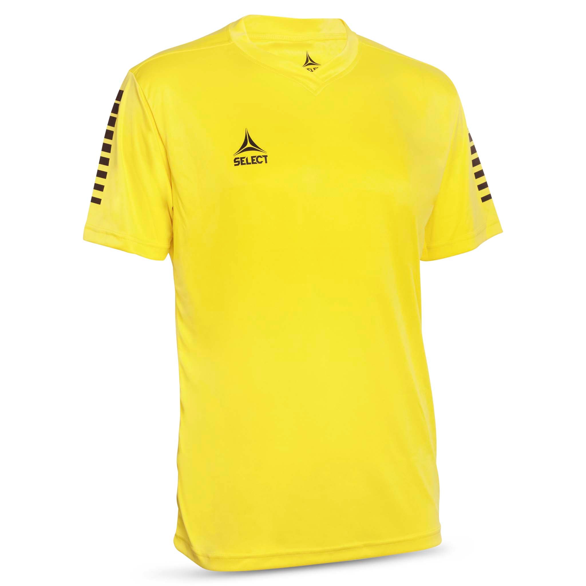 Forfra av gul Pisa Player Shirt S/S med sorte skulderstriper, fotball Match & Training wear.