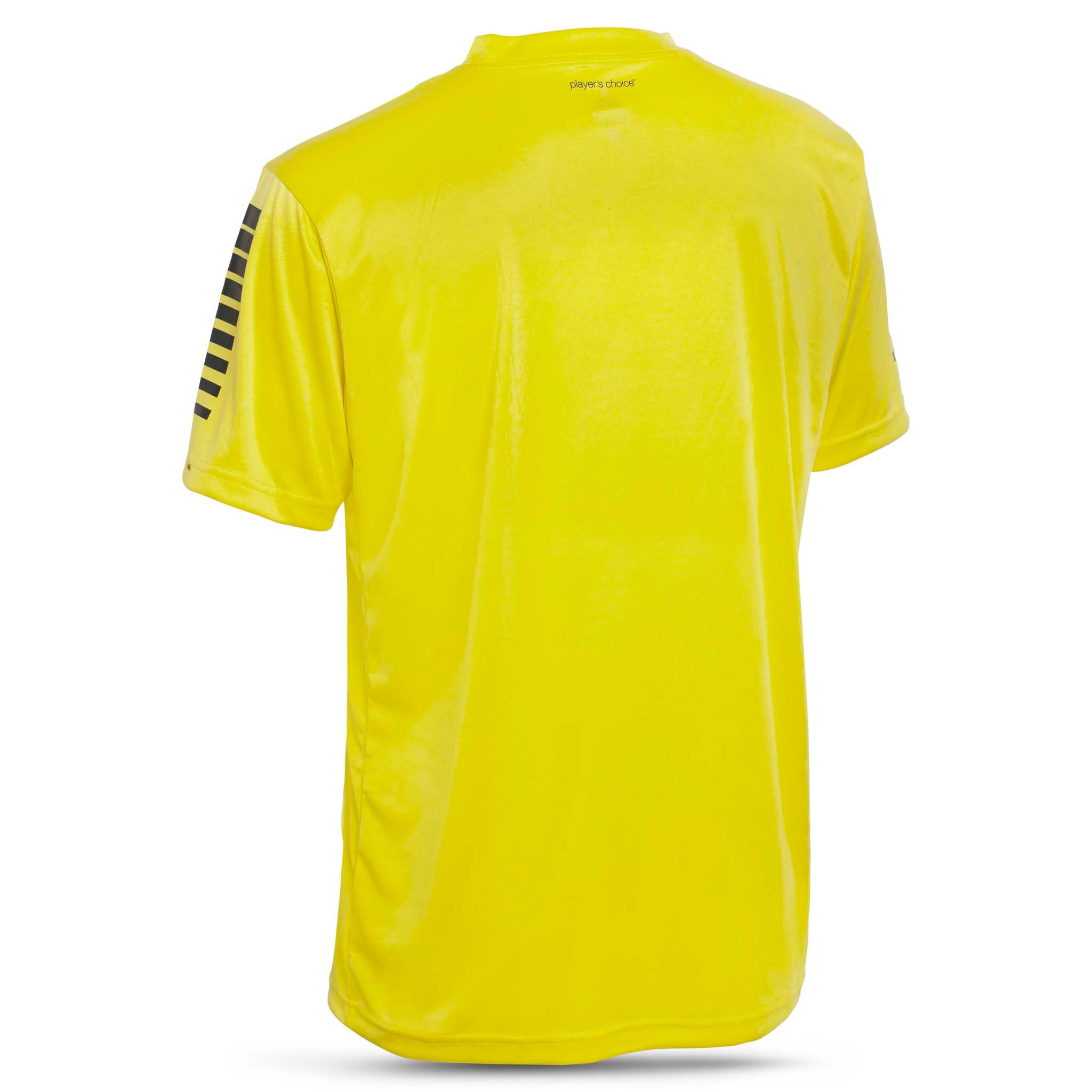 Bakside av gul Pisa Player Shirt S/S med sorte skulderstriper, Match & Training wear til fotball.