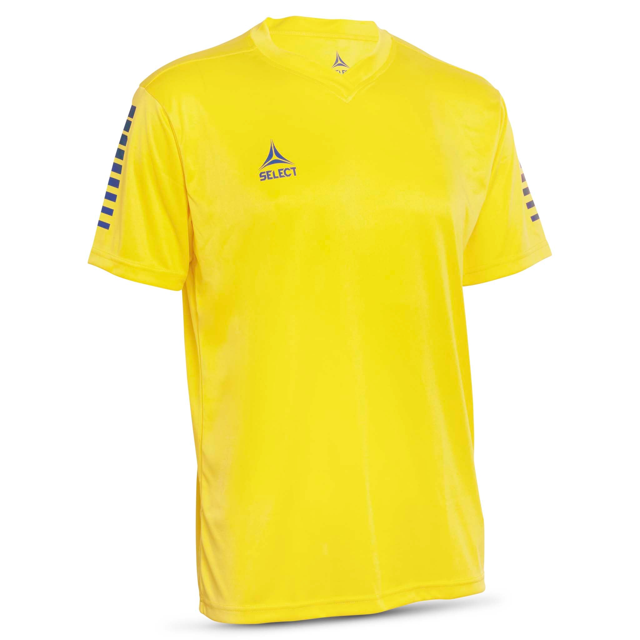 Forside av gul Player shirt S/S Pisa med blå skulderstriper, Match & Training wear til fotball.