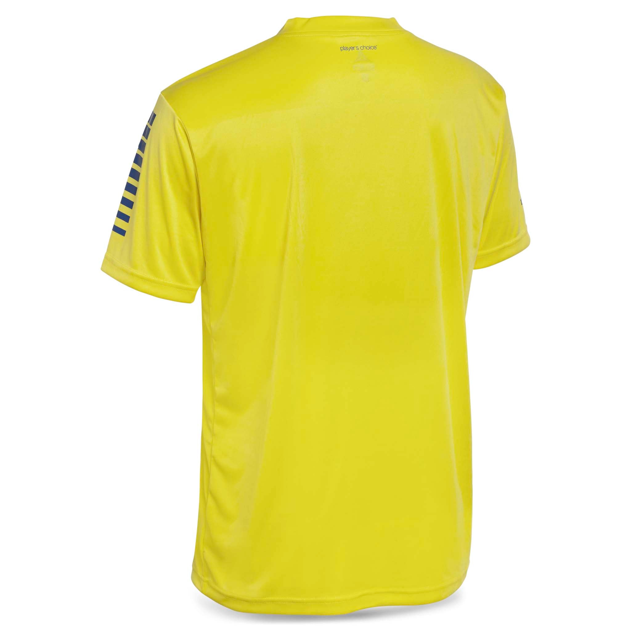 Bakside av gul Player shirt S/S Pisa med blå skulderstriper, Match & Training wear.