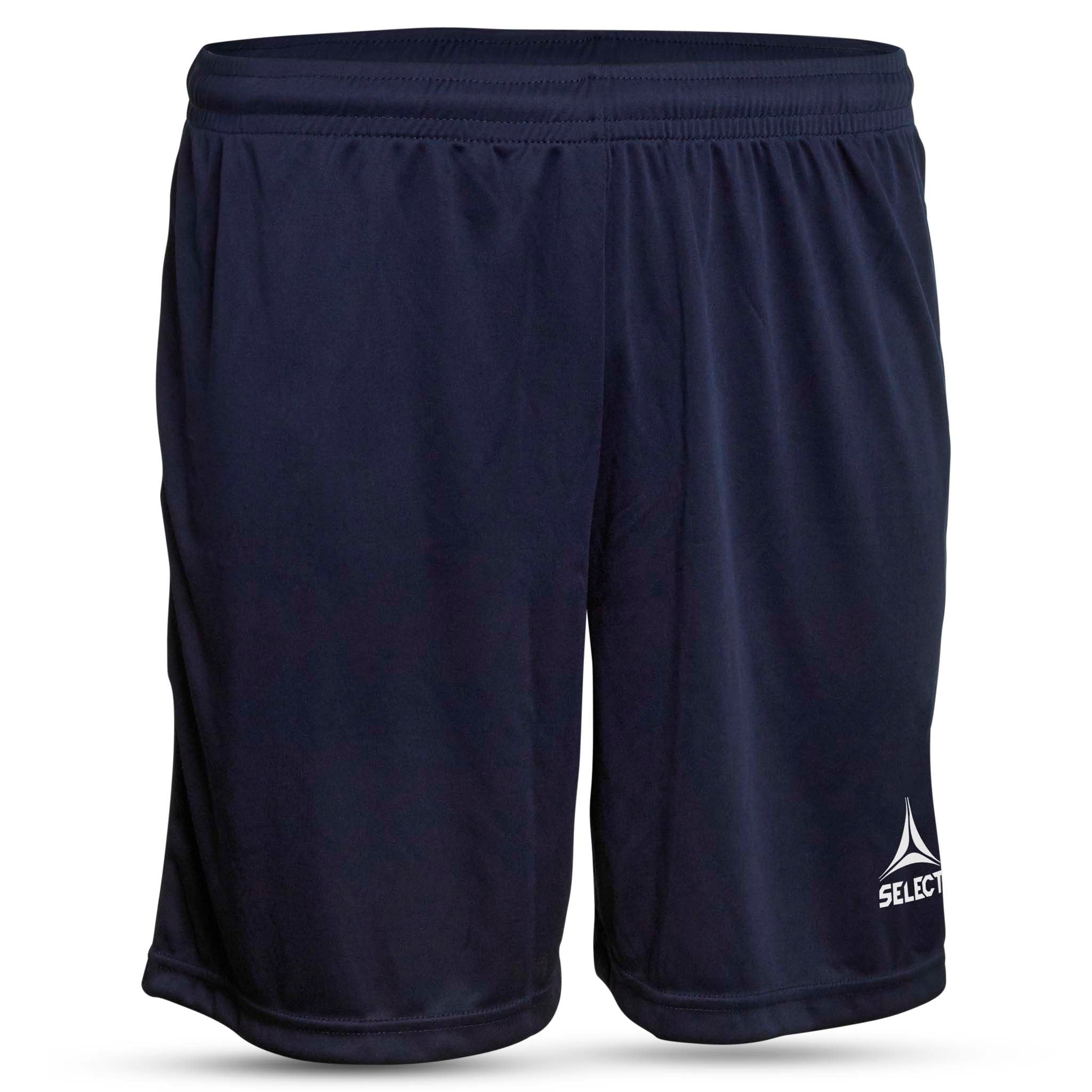 Forfra-bilde av marineblå Pisa player shorts fra Match & Training wear, med hvit Select-logo på benet.