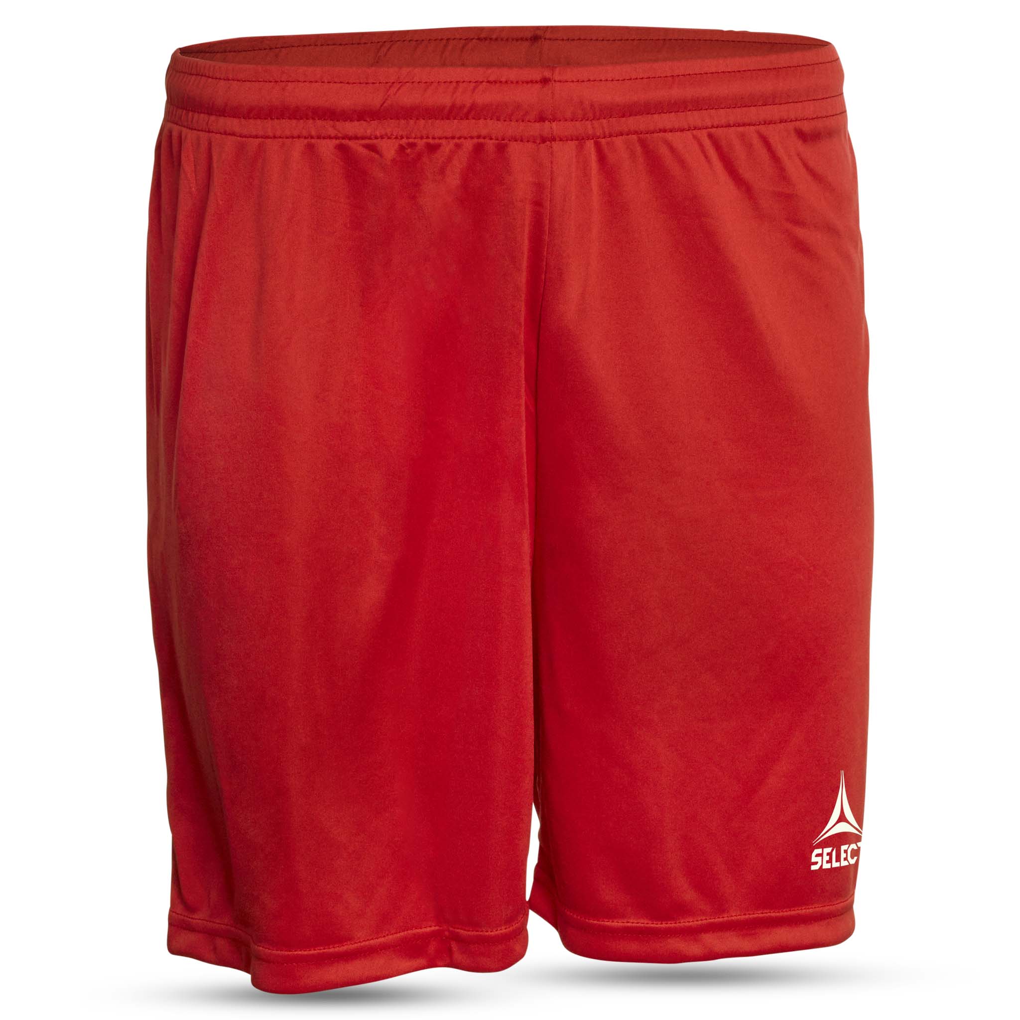 Forside av røde Pisa Player Shorts, fotball kamp- og treningstøy, med hvit logo på benet.