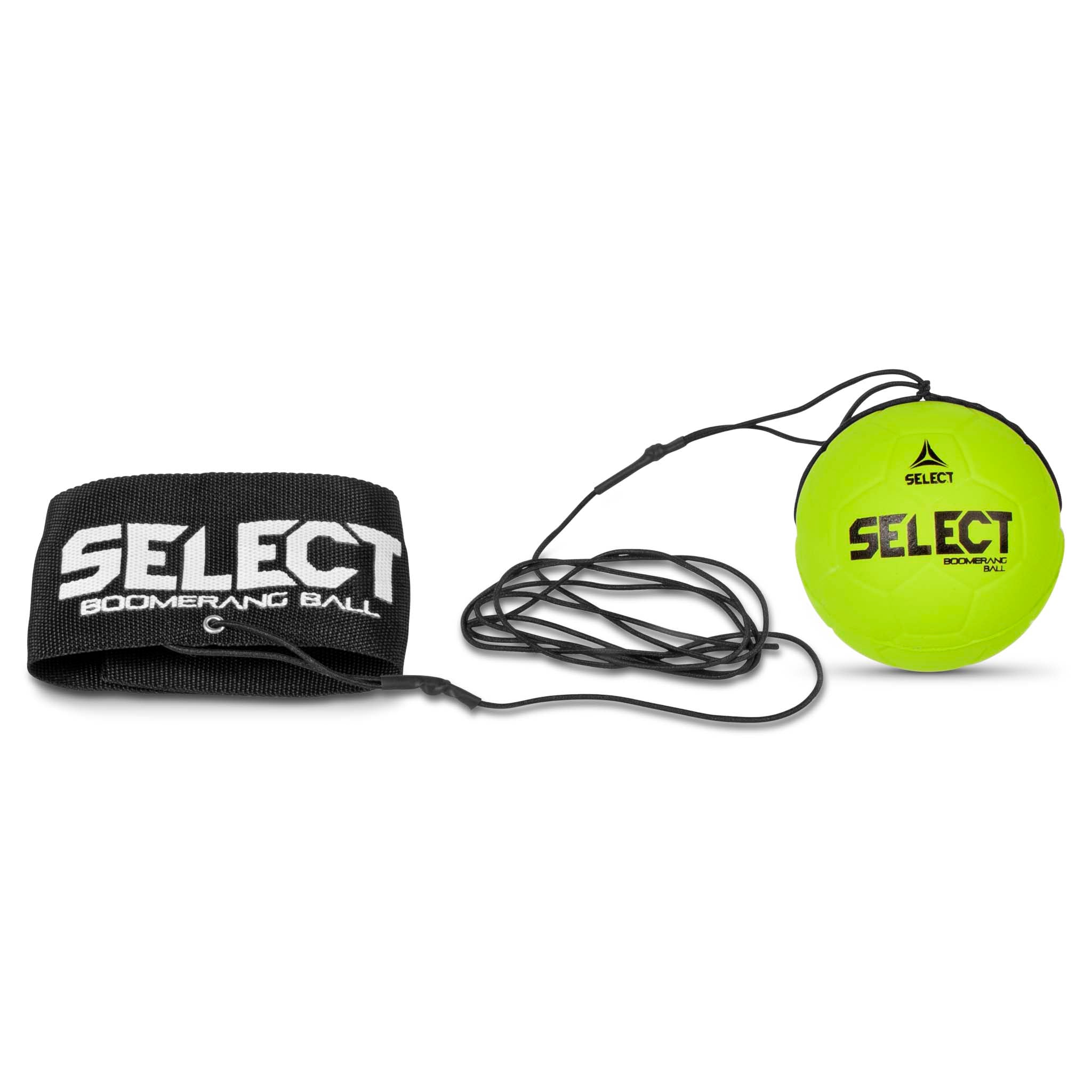 Boomerang Ball Select v23, Andre baller. Neongul ball med snor og svart håndleddsrem. Forside.