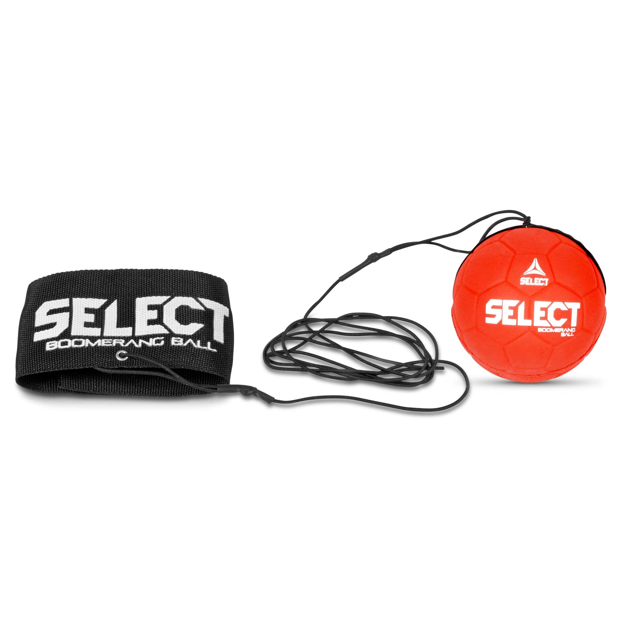 Boomerang Ball Select v23, Andre baller. Rød ball med svart snor og svart håndleddsrem, sett forfra.