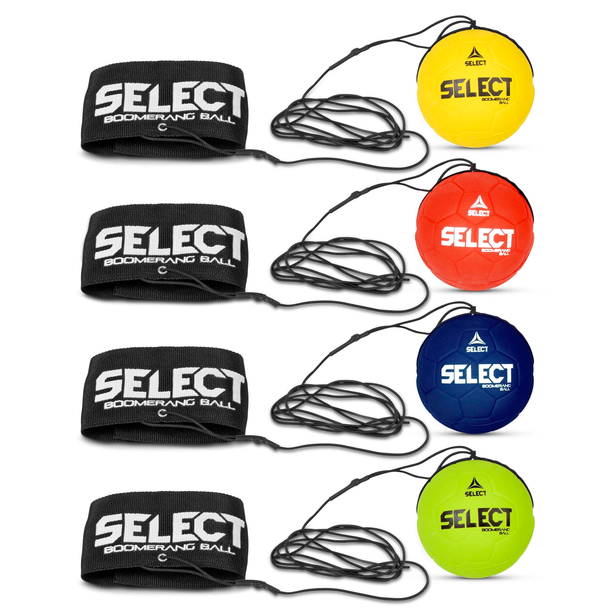 Boomerang Ball Select v23, Andre baller, forside: gule, røde, blå og grønne baller med elastiske snorer og svarte håndleddsstropper.