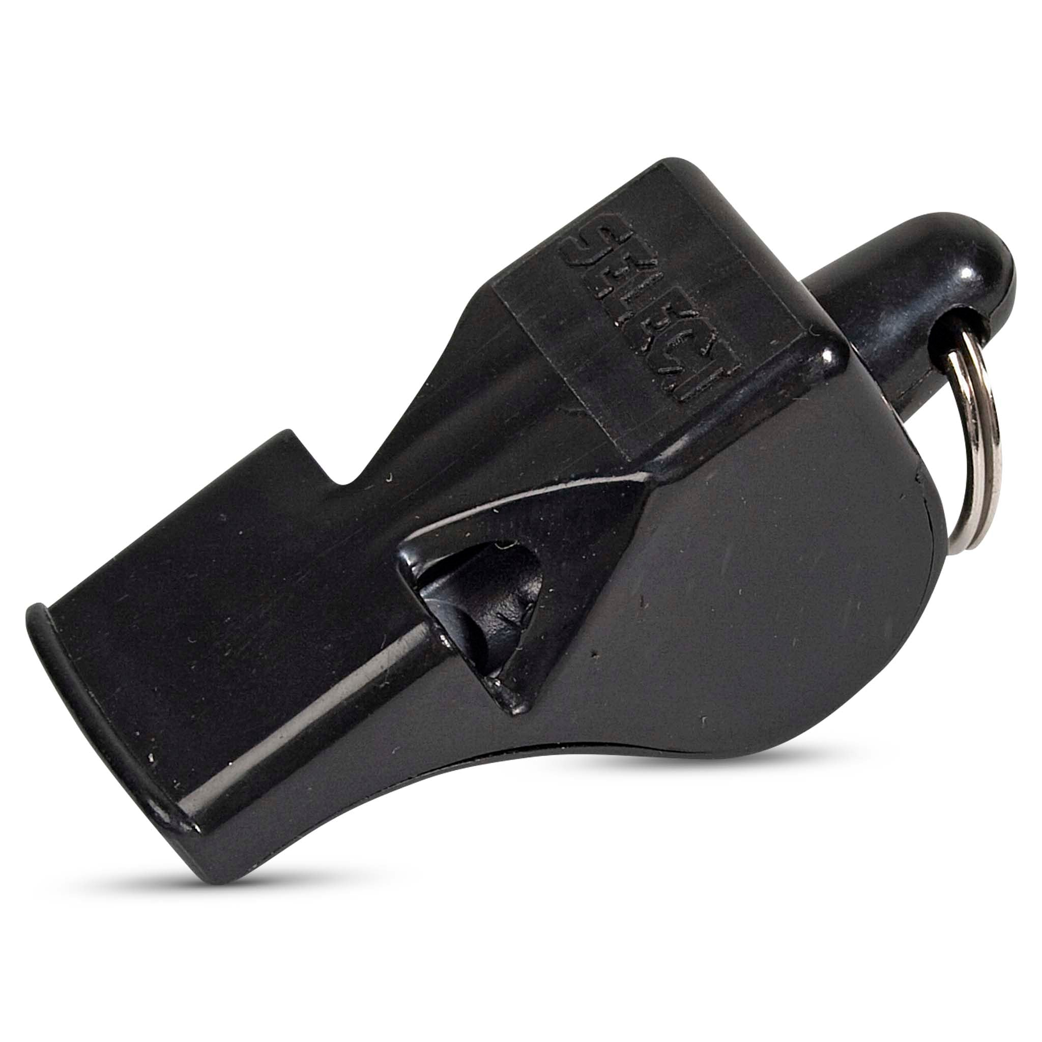 Svart Referees whistle Classic, sett forfra. Dommerutstyr for fotball med metallring.