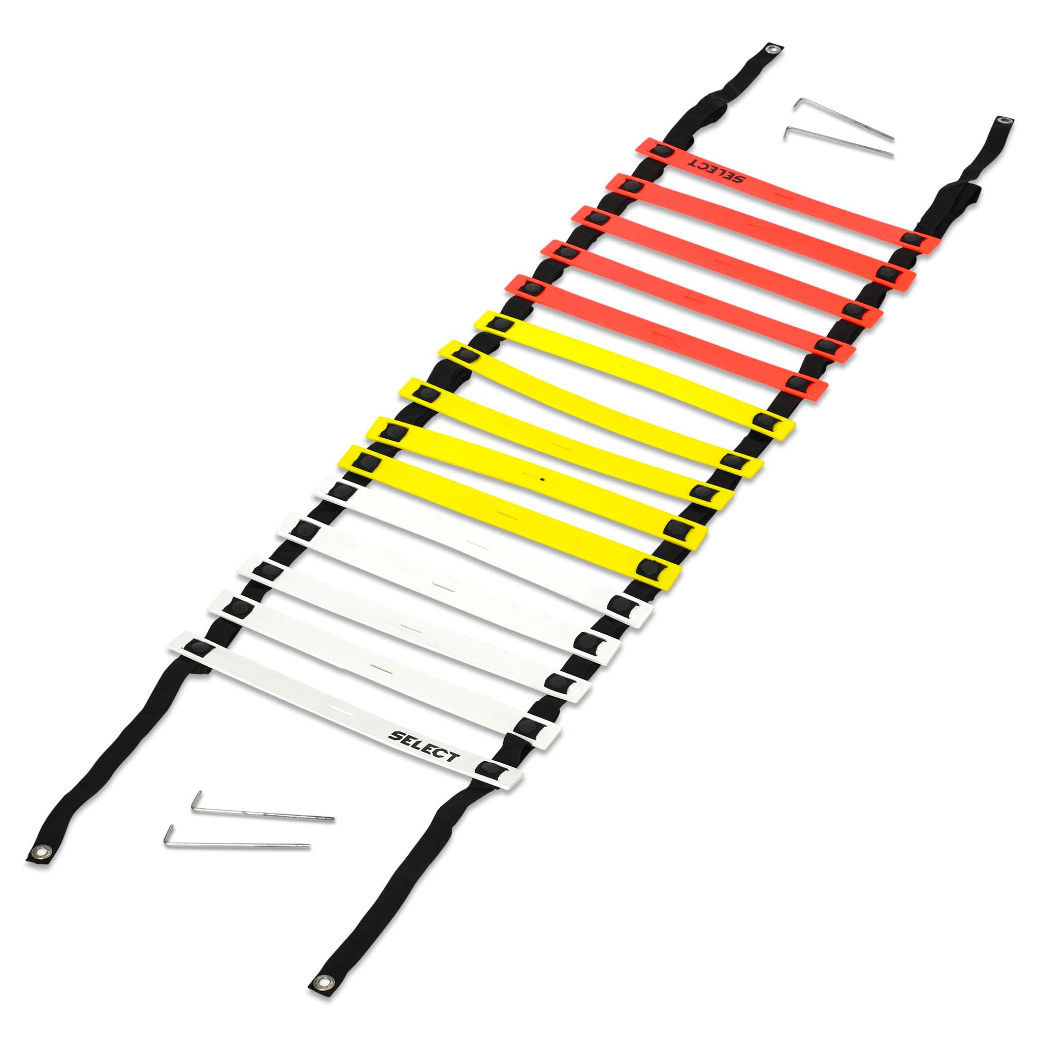 Forside av Select Agility ladder fotball treningsutstyr med oransje, gule og hvite trinn og sorte stropper.