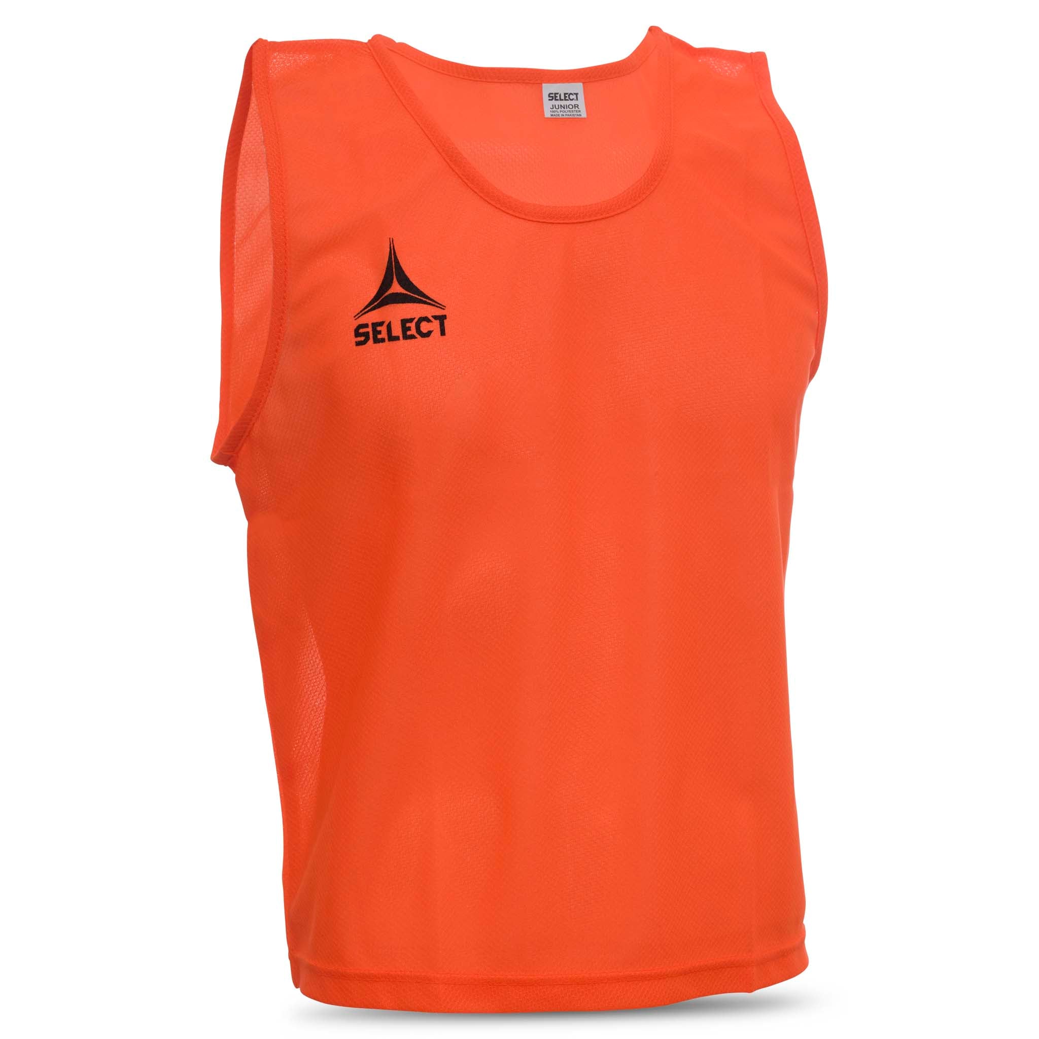 Oransje Bib Basic Select treningsvest, sett forfra. Fotballtilbehør med sort Select-logo.