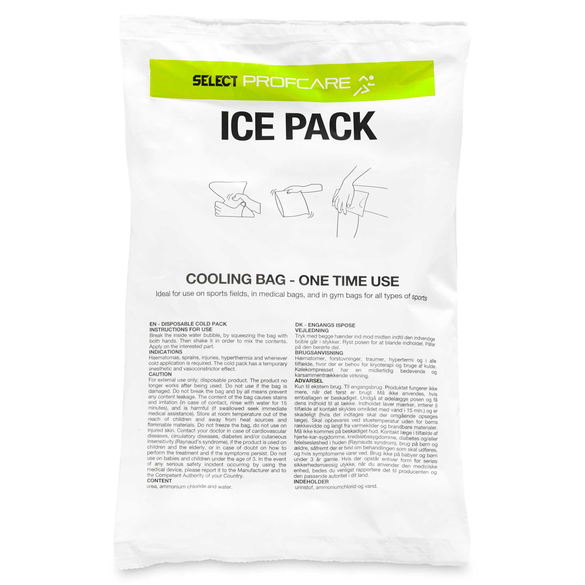 Forside av Select Profcare Ice Pack 24-pakning, hvit sportspleiepose for kjøling med grønn og sort tekst.