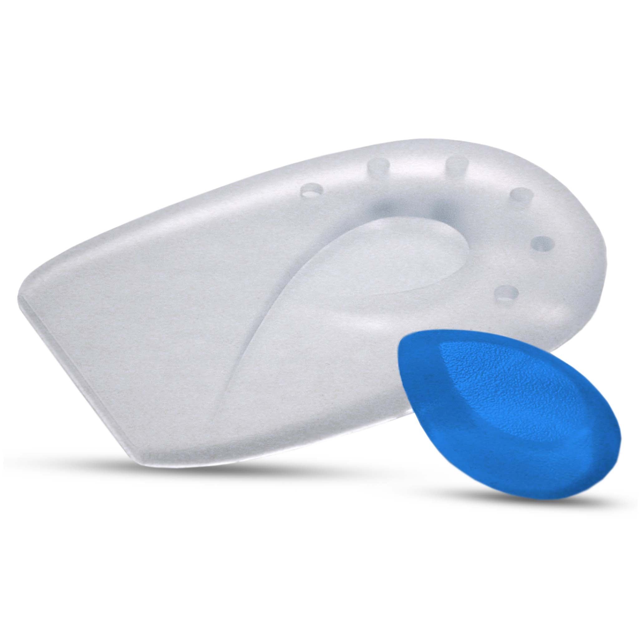 Forside av gjennomsiktig gel Hælspore med pute og blå innsats, Sports care-produkt.