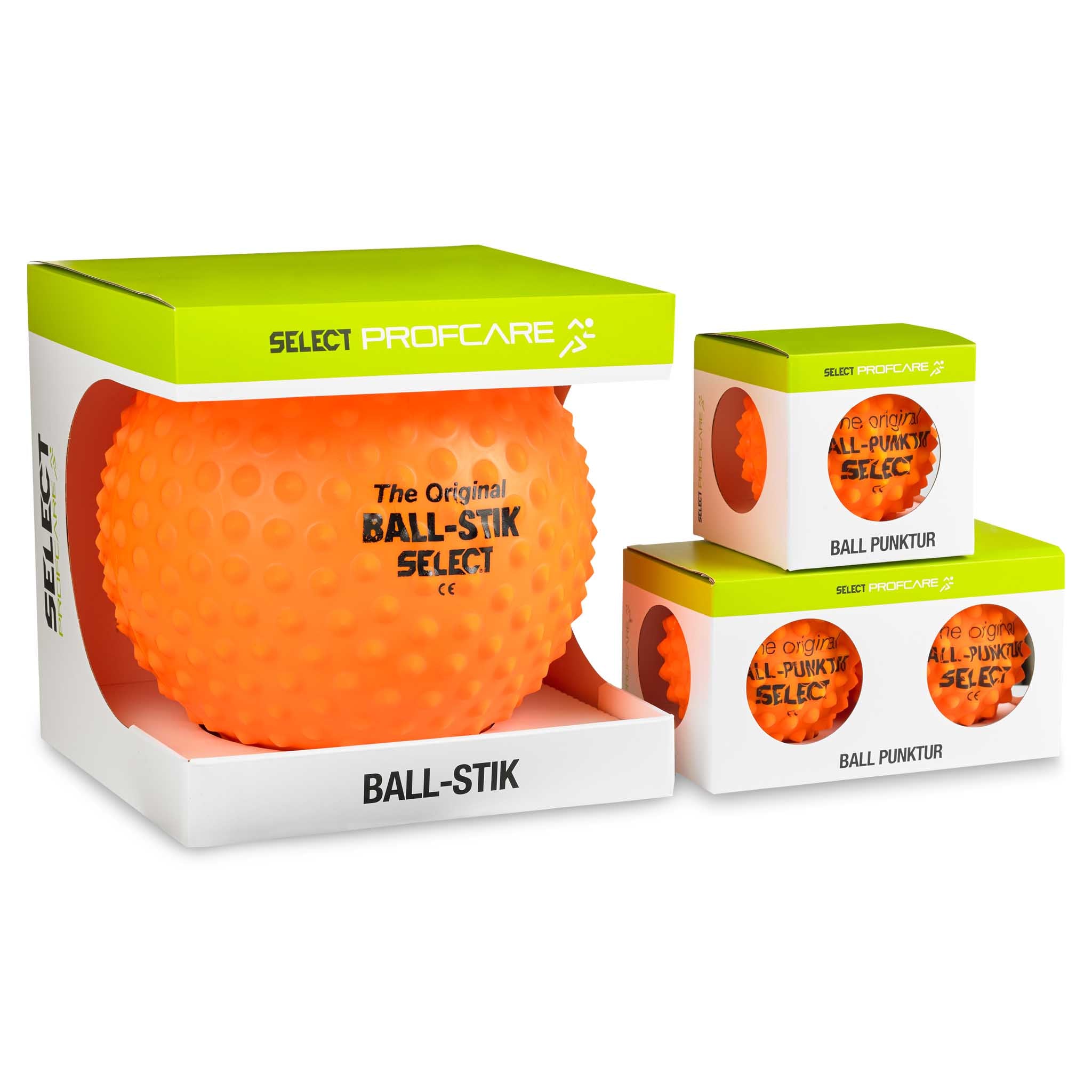 Forside av Select Ball-Punktur 2 stk, Andre baller, oransje strukturerte massasjeballer i grønn og hvit emballasje.