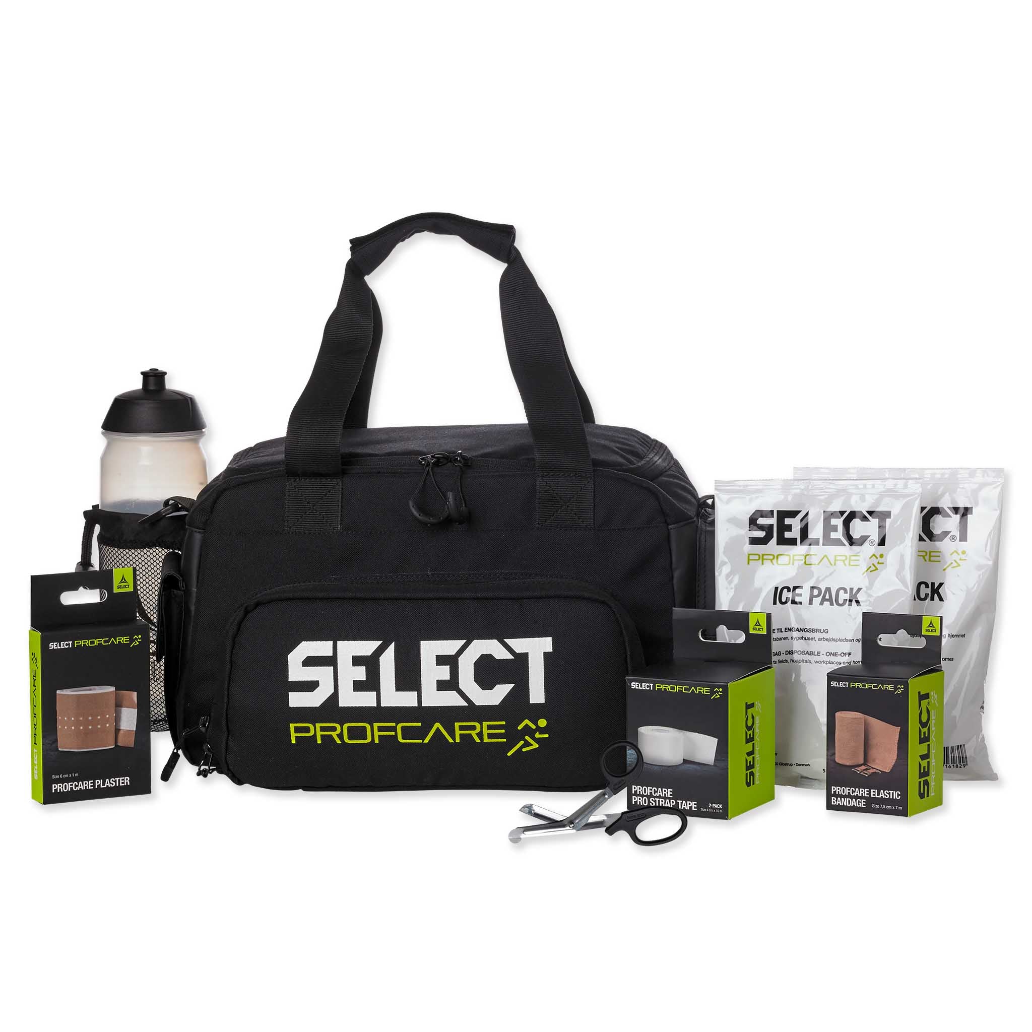 Svart Medical bag Field w/contents v23 med hvit flaske, ispakker og plaster, Sports care, forside.