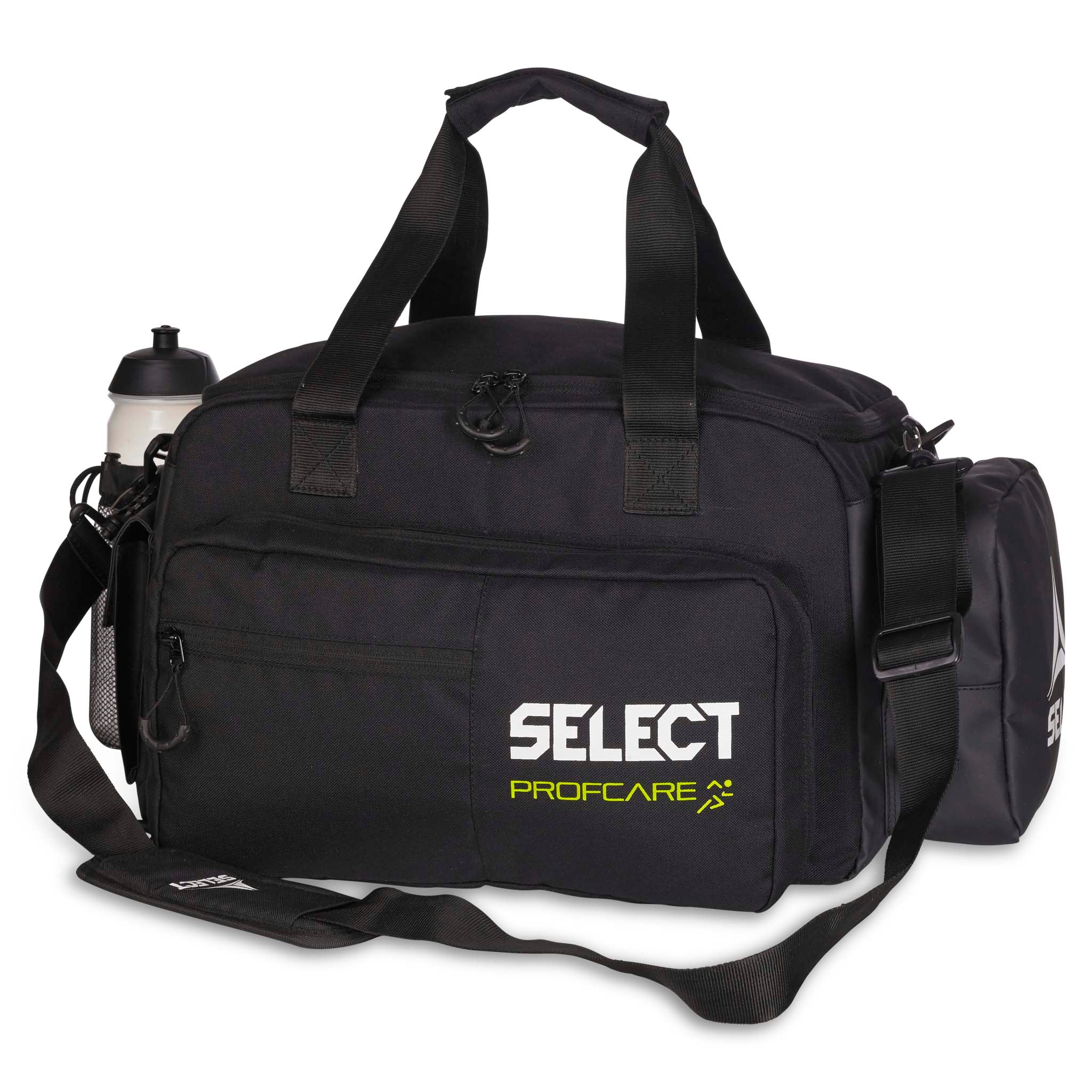 Svart Medical bag junior v23, Sports care, forside med drikkeflaske og Select Profcare-logo