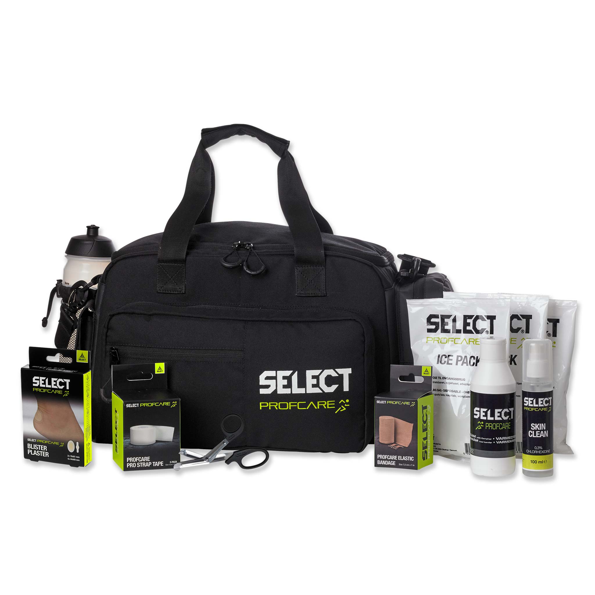 Forside av svart Medical bag junior w/contents v23, Sports care, med vannflaske, tape, ispose og pleieprodukter