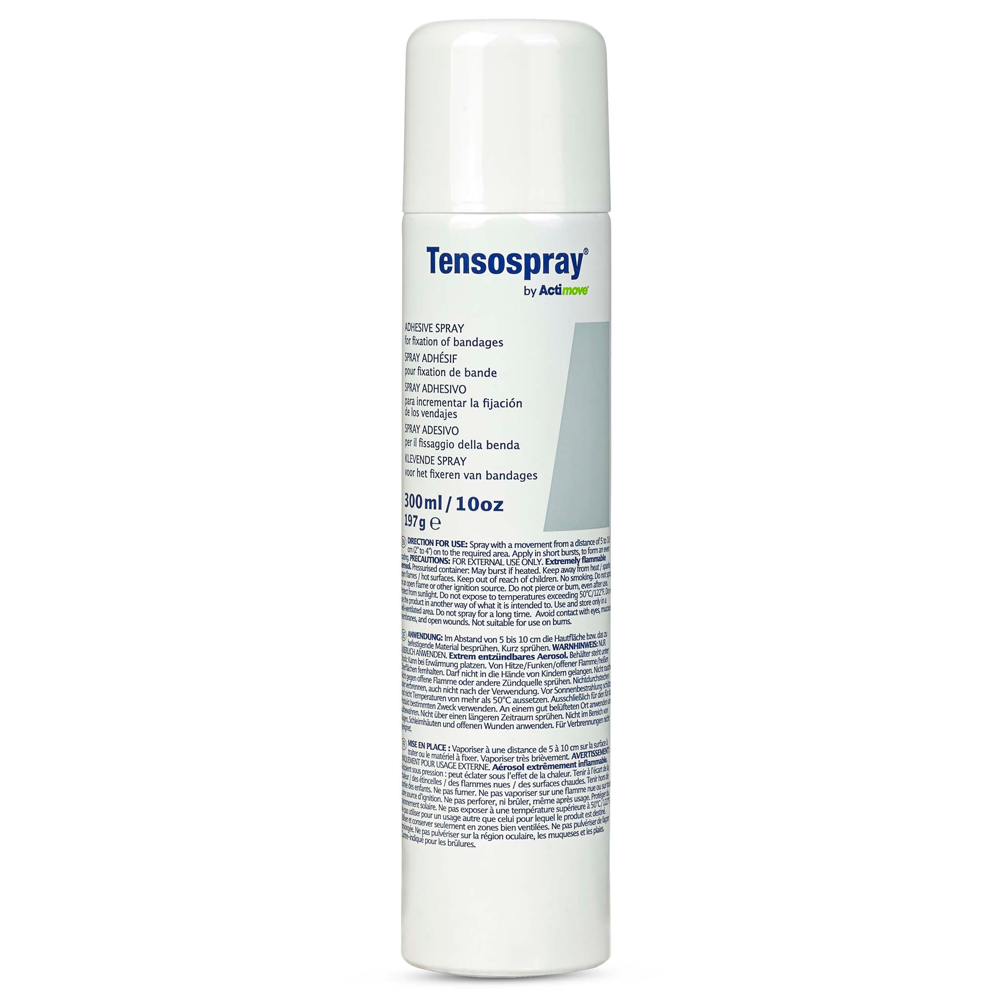 Forside av Tensospray sports care festespray, hvit sprayboks med blå tekst.