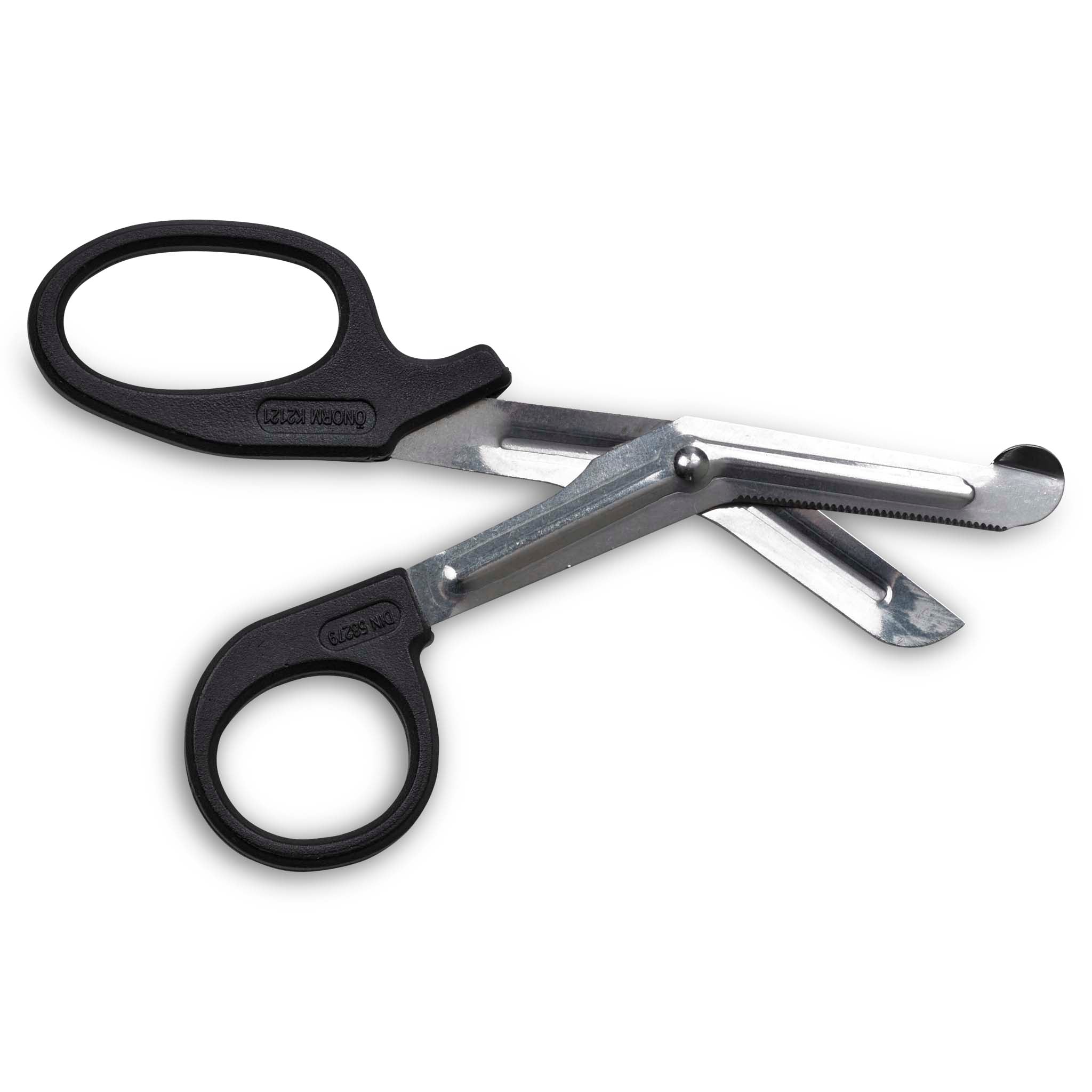 Forside av Scissor, sports care, med svarte håndtak og sølvfargede blader i rustfritt stål.