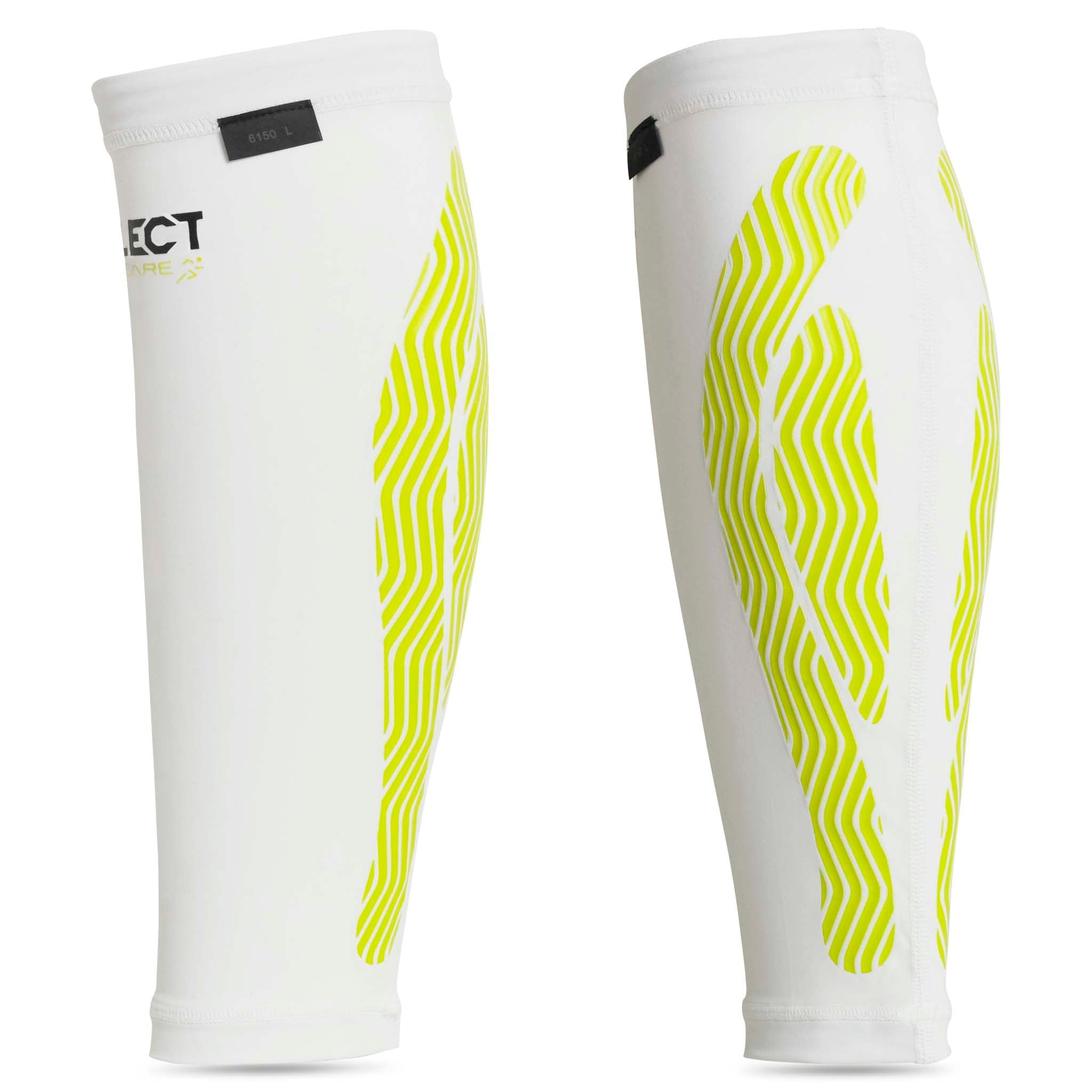 Compression Calf 6150 sportsstøtte, hvit med neongult design, for- og bakside.