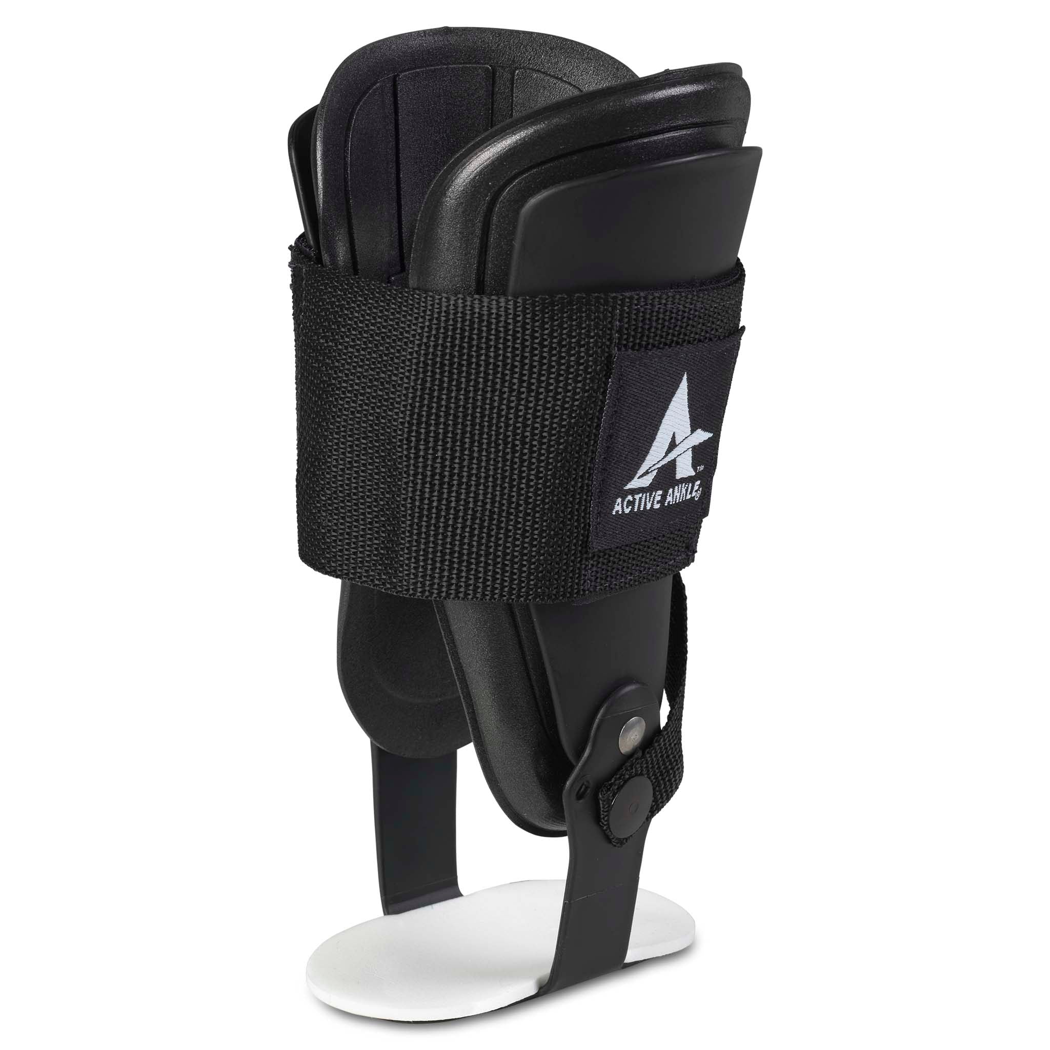Active Ankle T-2 svart sportstøtte, forsidevisning med stive sidestabilisatorer og justerbar rem.
