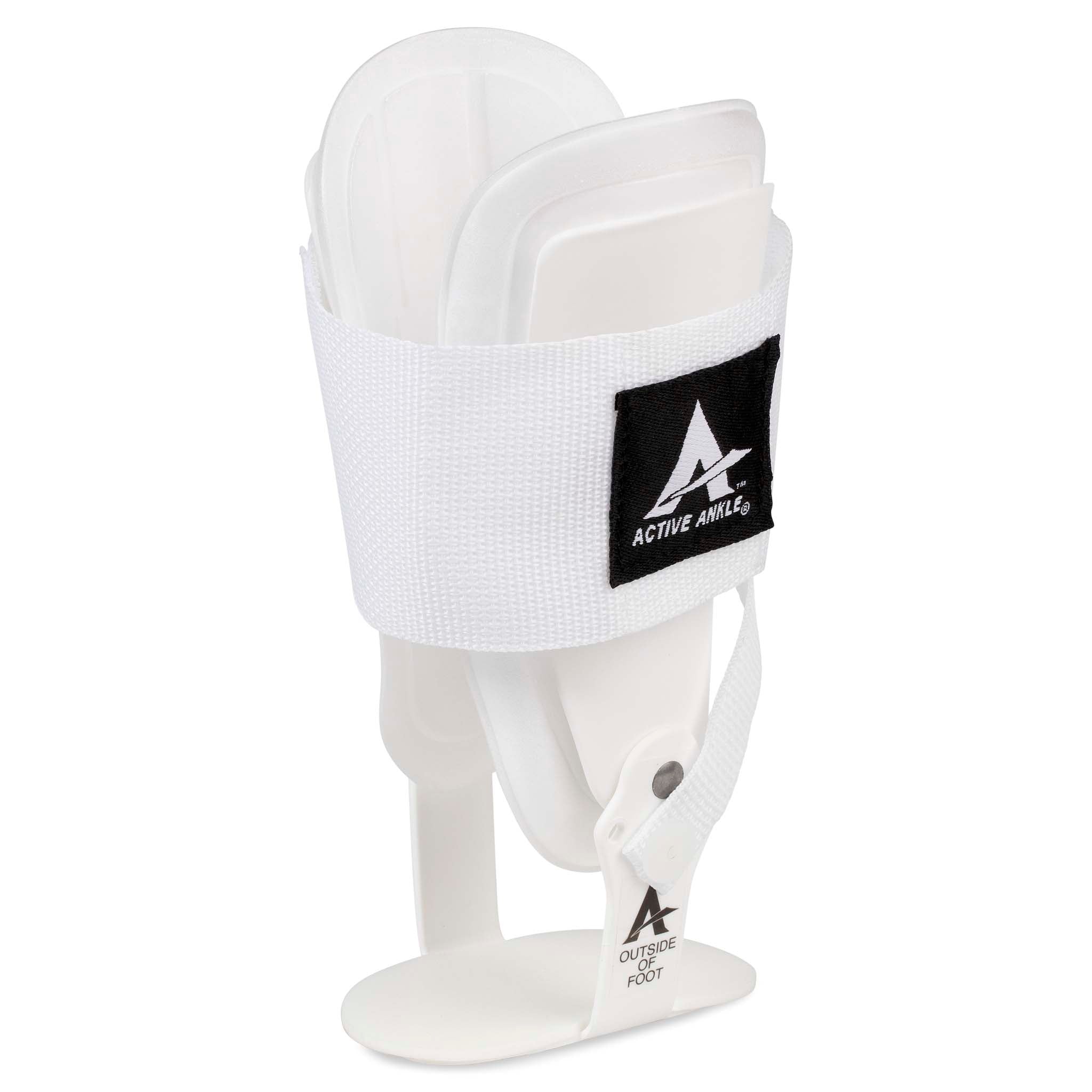 Hvit Active Ankle T-2 sportsstøtte med hengslede sidestøtter og rem, sett forfra