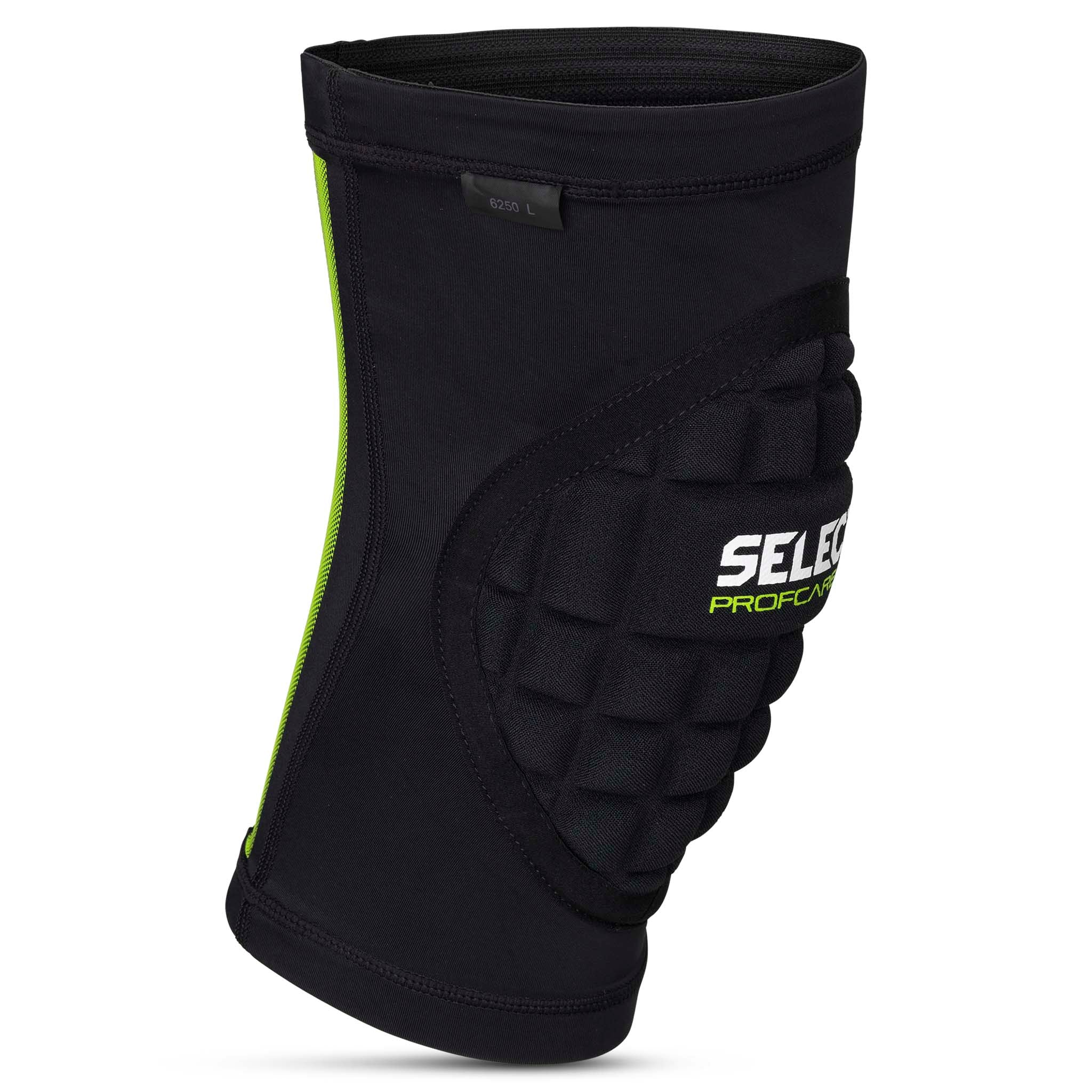 Forside av sort Compression knee handball 6250 sports support med grønne detaljer og polstret panel.