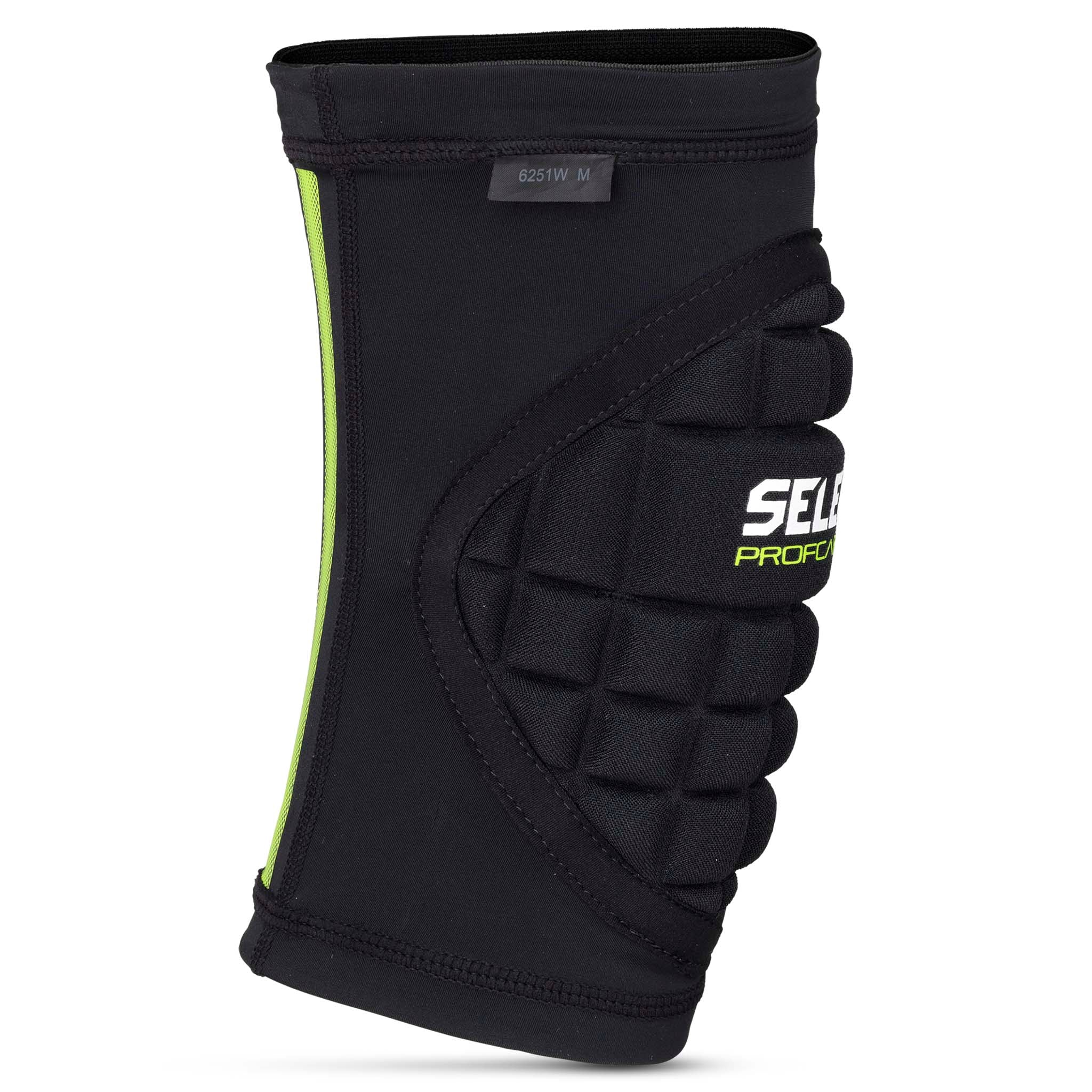 Svart Compression knee handball 6251W sportsstøtte med grønn kant og polstret panel, sett forfra