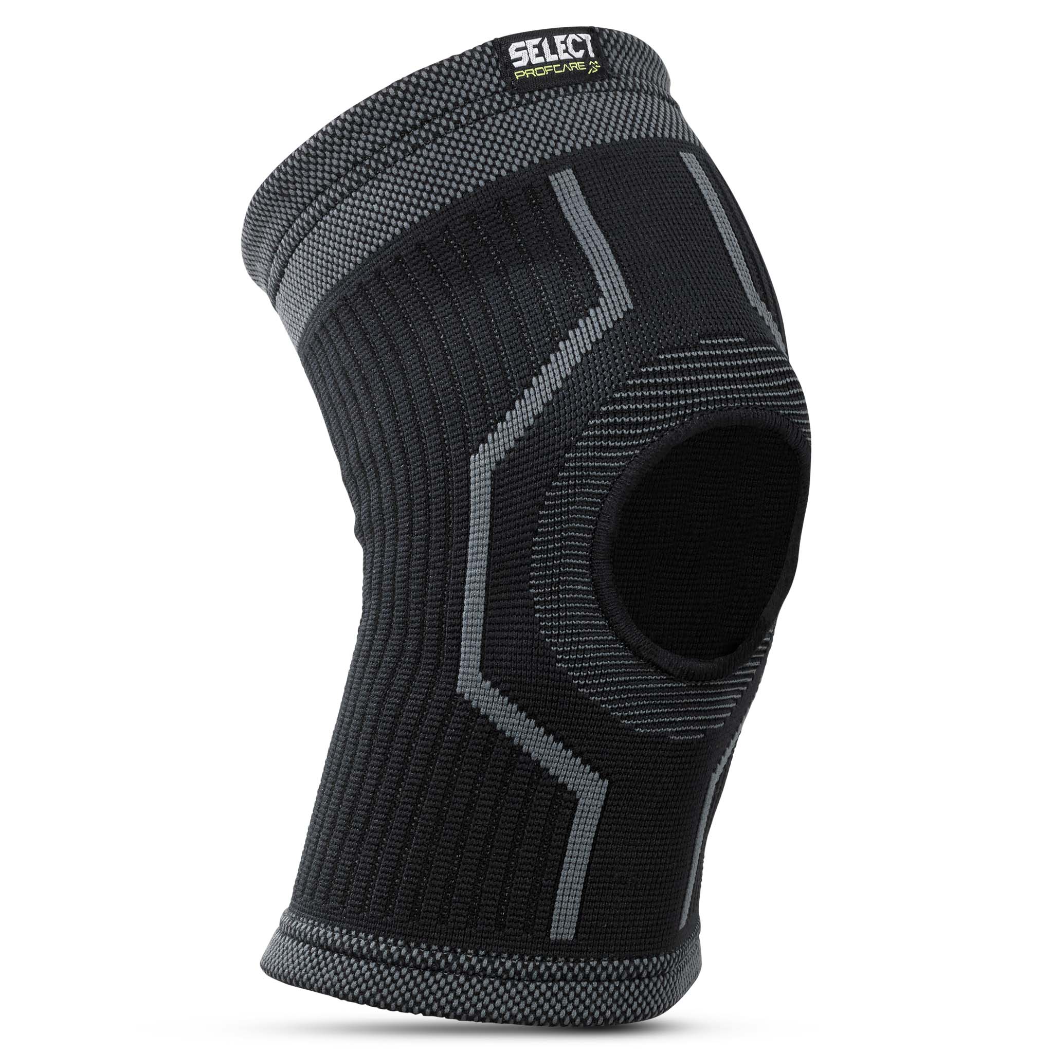 Forfra av svart og grå Knestøtte m/hull, en sportsstøtte med åpent kneskåldesign.
