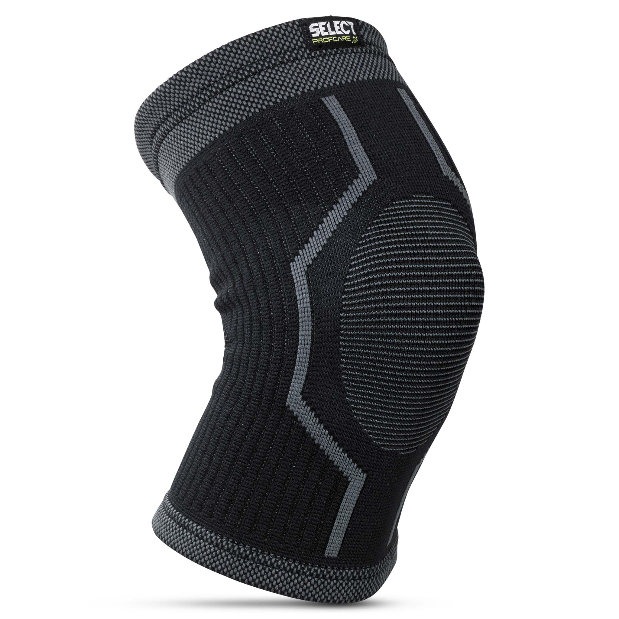Forside av svart og grå Profcare Knee support, en sportsstøtte i elastisk strikket stoff.