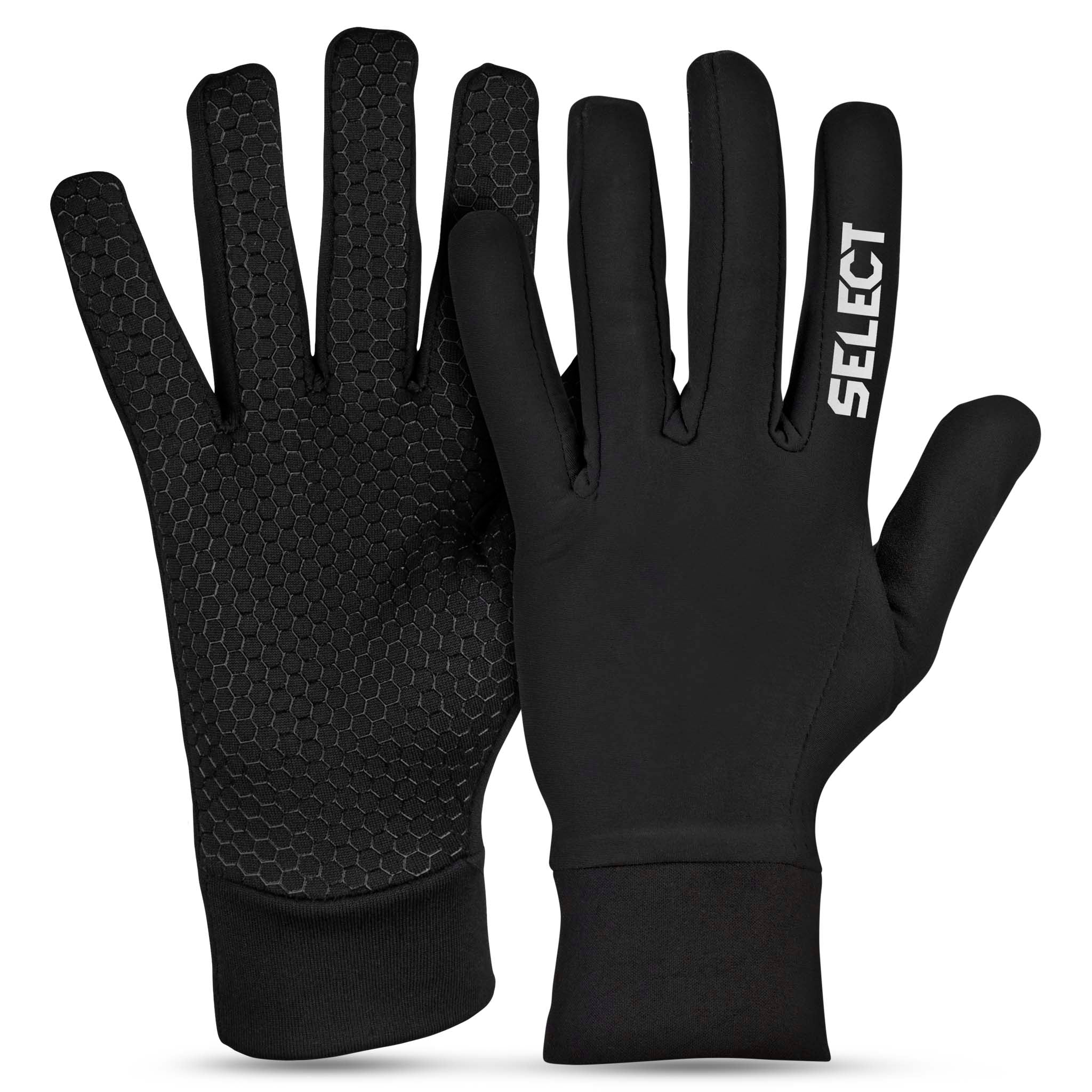 Sorte Player gloves Winter v23 keeperhansker, for- og bakside med strukturert grep og Select-logo