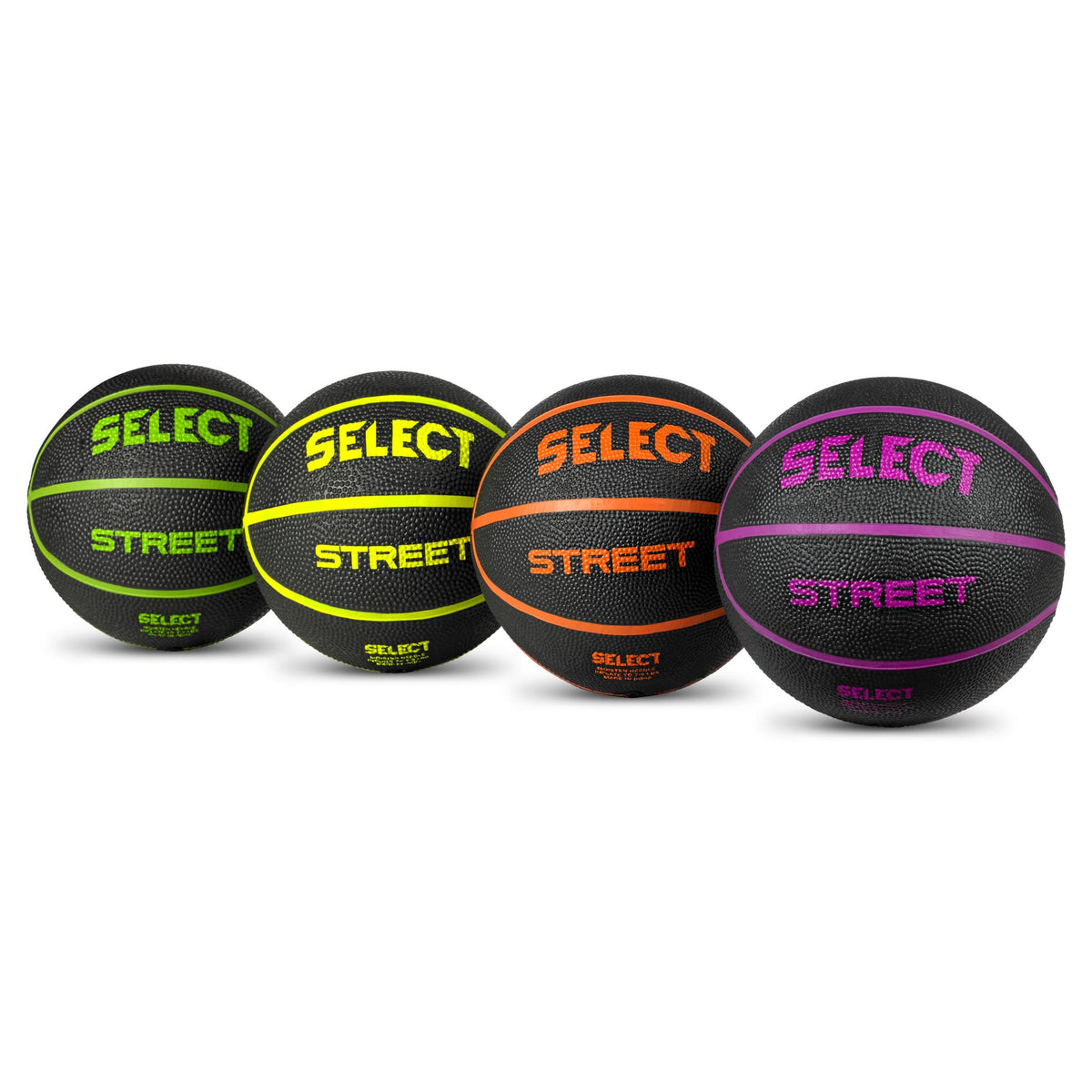 Forside av Basketball mini, Andre baller, fire svarte baller med grønne, gule, oransje og lilla detaljer.
