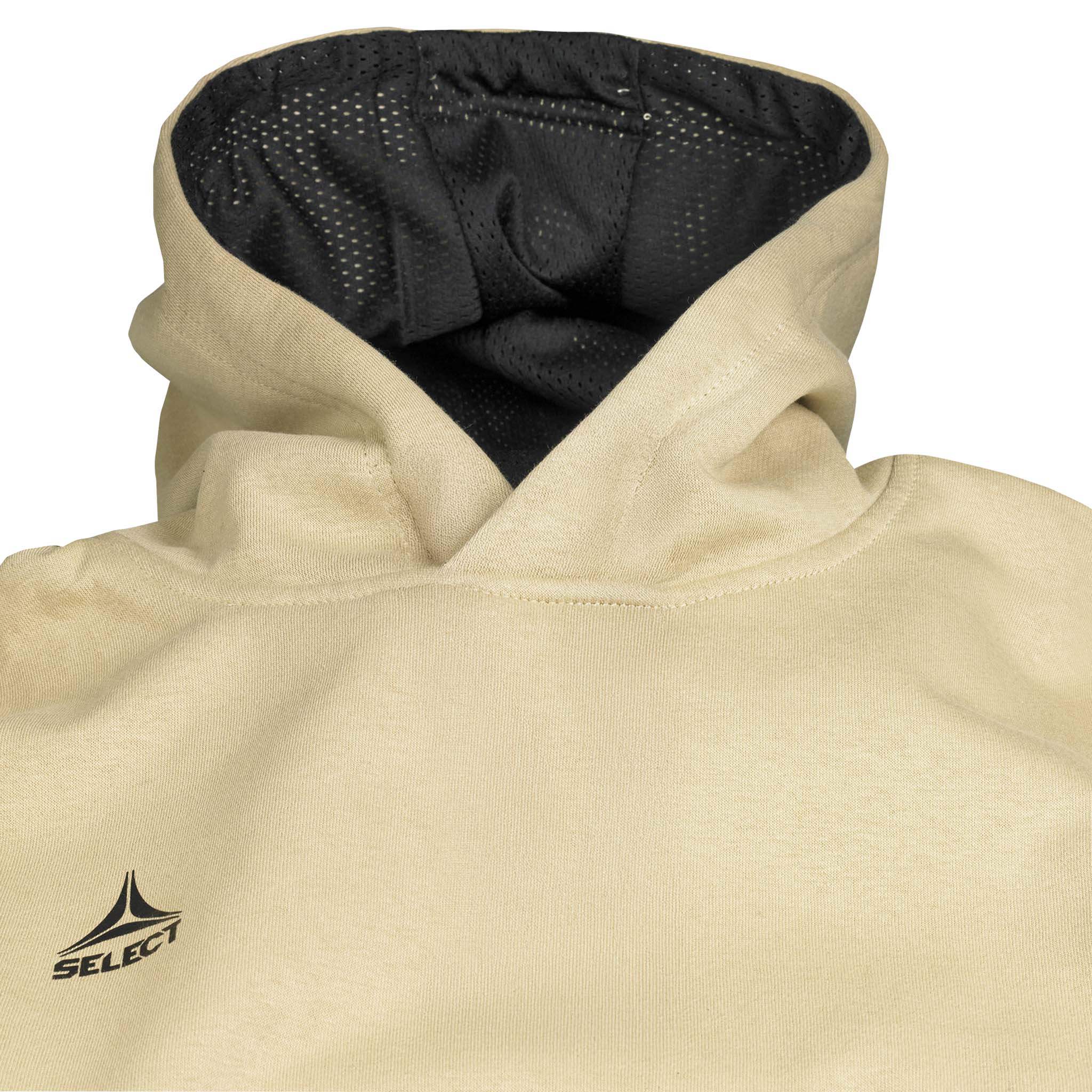Nærbilde av beige Hoodie Basic Select v24 fritidsklær med sort meshforet hette og Select-logo.