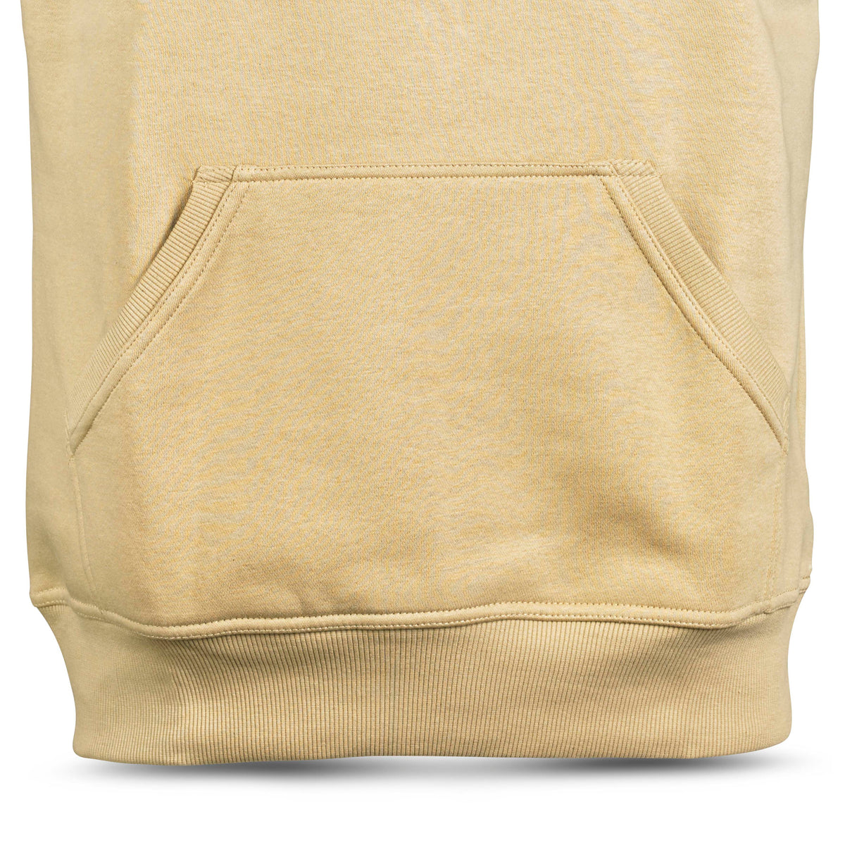 Nærbilde av beige Hoodie Basic Select v24 fritidsklær med kengurulomme og ribbekant.