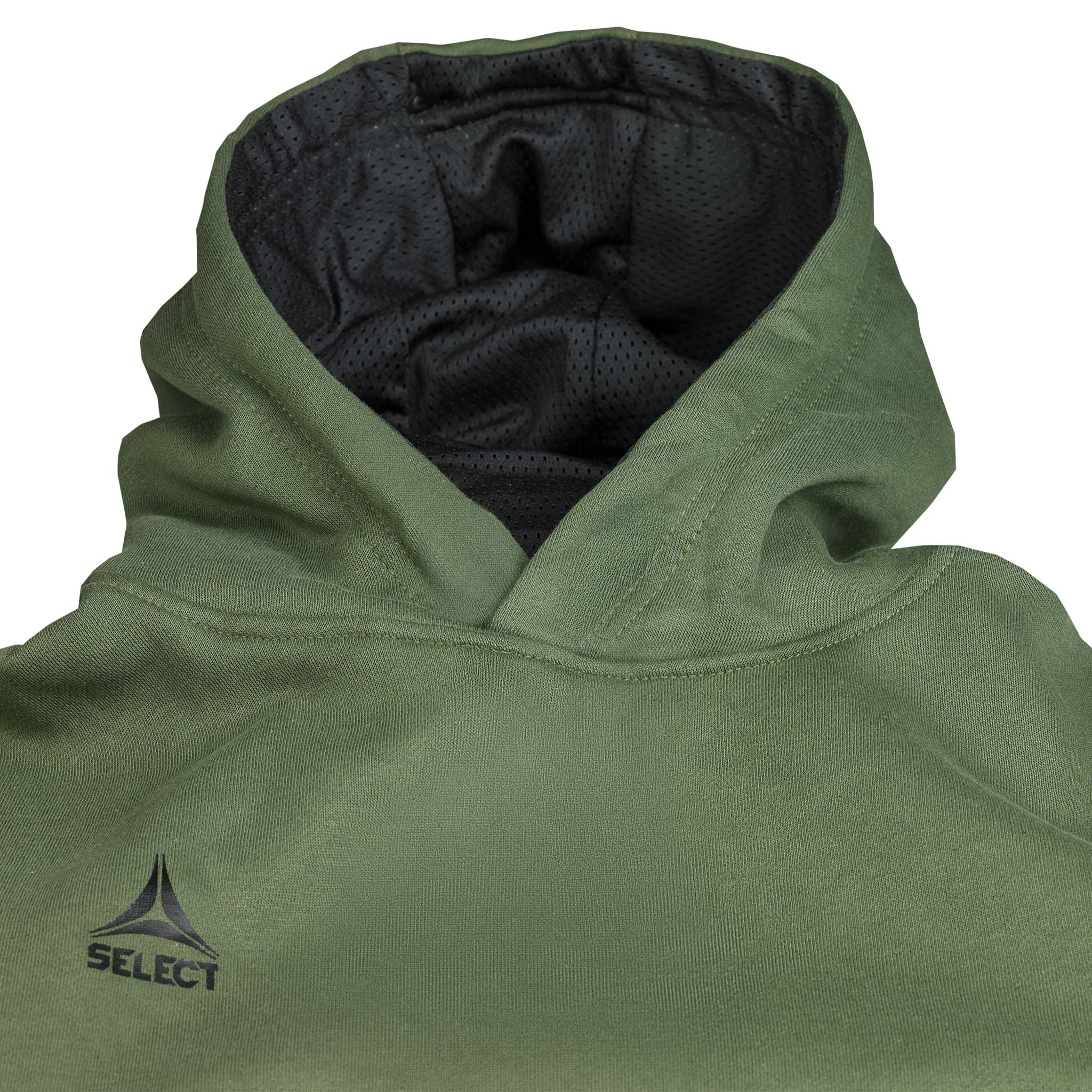 Nærbilde av grønn Hoodie Basic Select v24 fritidsklær med hette, svart meshfôr og Select-logo.